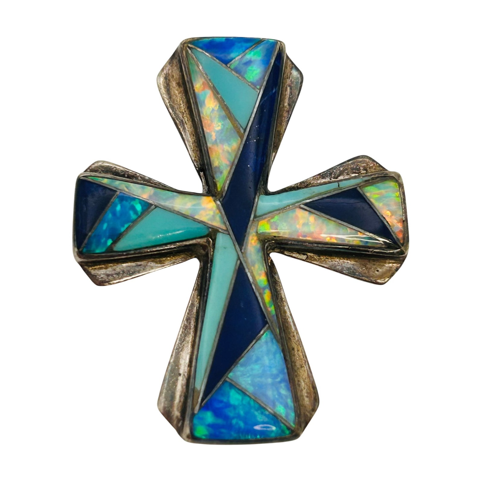 Signed Southwest Sterling Inlay Stone Cross Pendant: Signed southwest Sterling Inlay multi stone cross pendant 6.9g — Opal Lapis Lazuli Turquoise