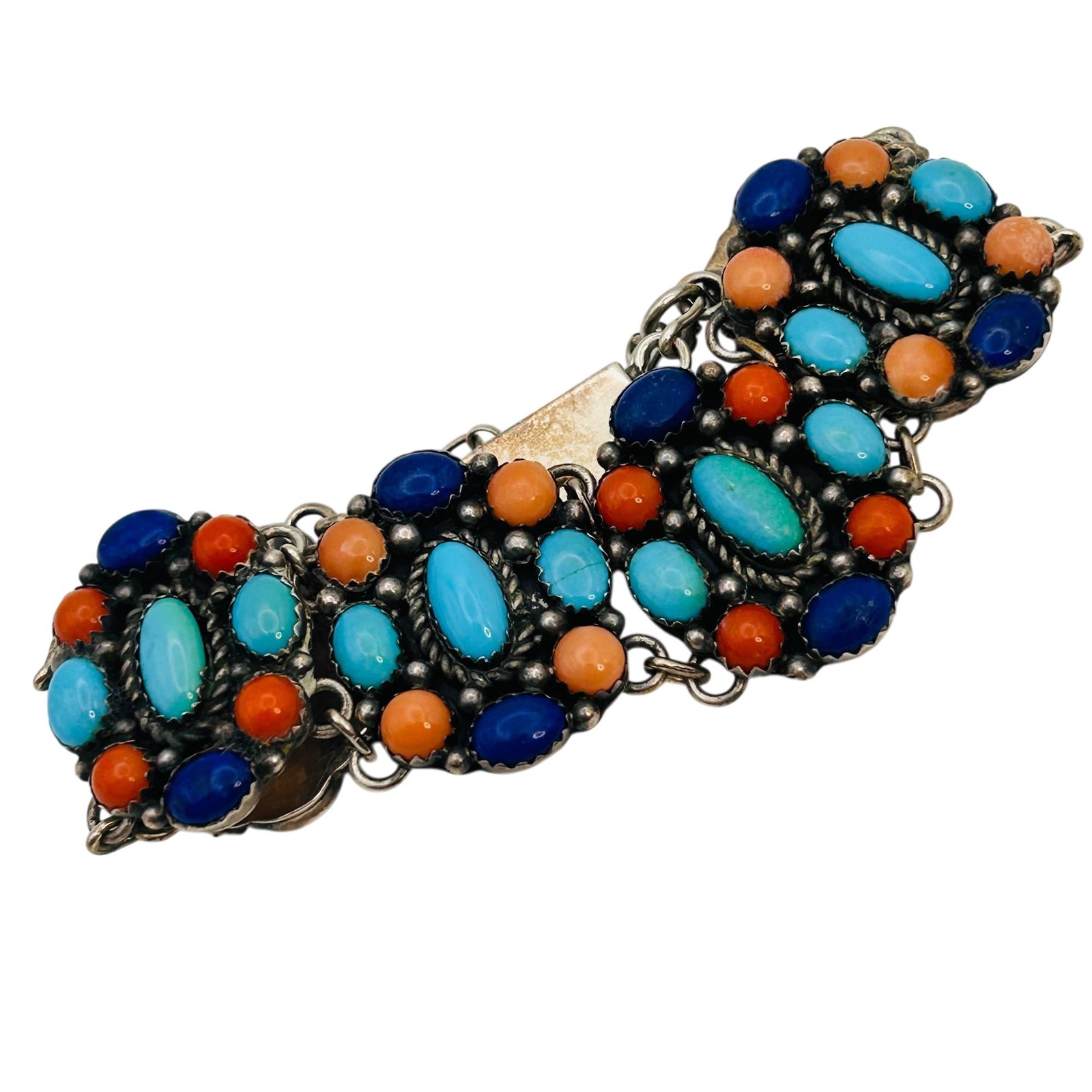 Navajo Sterling Linked Multi-Stone Bracelet: Navajo sterling multi-stone bracelet 45g —Box Clasp Turquoise Lapis Lazuli Coral sterling linked