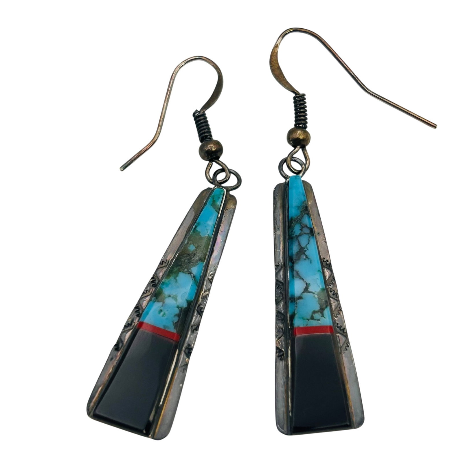 Theresa Joe Navajo Sterling Multi Stone Earrings: Theresa Joe Navajo sterling multi stone earrings 3.7g — Signed “TJO” Tuquoise onyx coral.