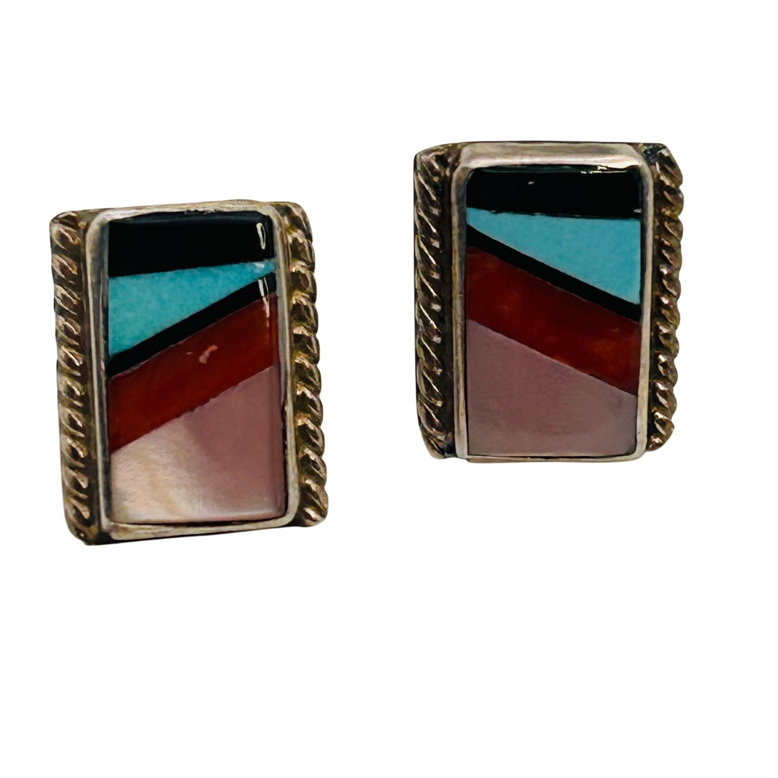 Native Sterling Multi-stone Earrings: Native sterling multi-stone earrings 3g — onyx turquoise Mother of pearl coral inlay stone