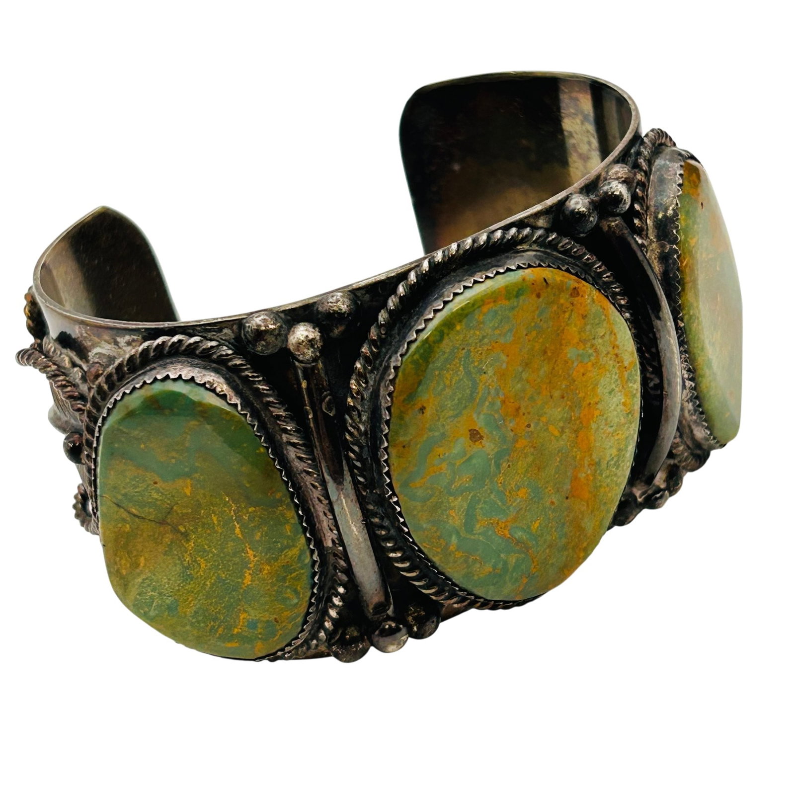 Signed J Navajo Sterling Royston Turquoise Cuff Bracelet: Signed J Navajo sterling Royston Turquoise cuff bracelet 124g | 7” inner circumference including 1.25”gap | Astounding piece crafted from heavy gauge sterling 3 large bezel set earthy tone