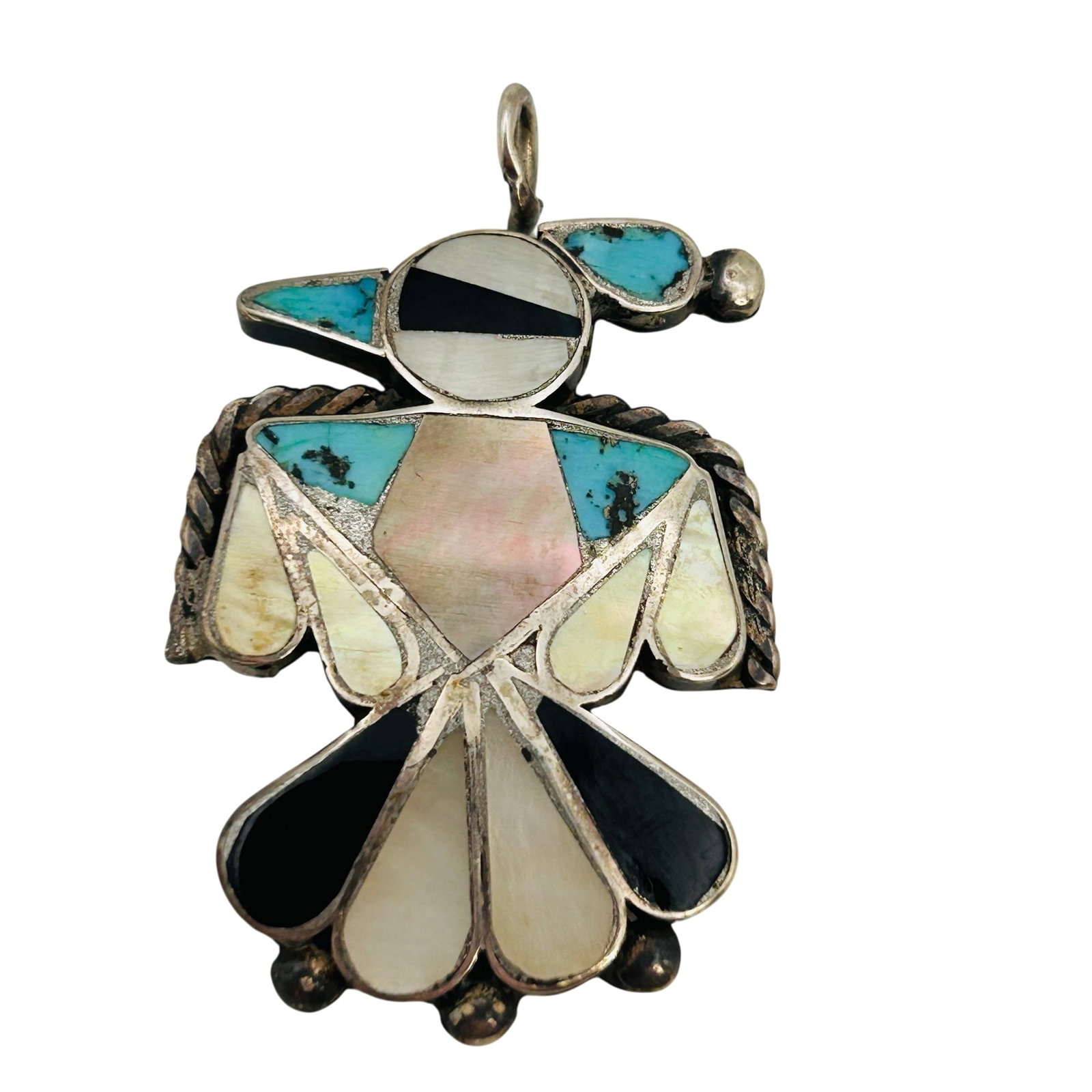 Vintage Zuni Sterling Inlay Stone Bird Pendant: Zuni sterling inlay stone thunderbird pendant 7.1g —Vintage piece featuring turquoise mother of pearl onyx and turquoise