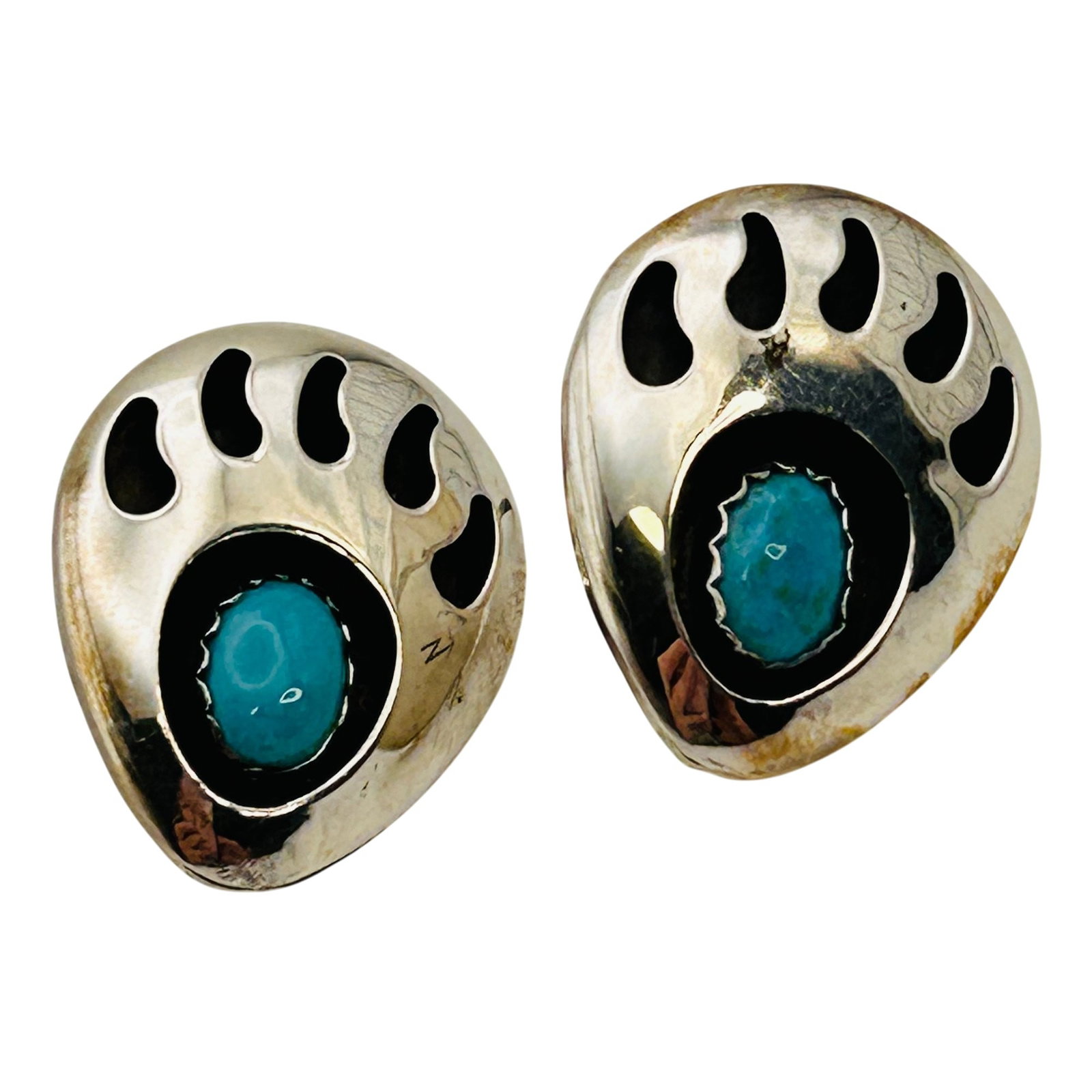 Verna Blackgoat Sterling Bear Claw Earrings: Verna Blackgoat Sterling shadow box bear claw earrings 5.5g —Turquoise stone pushback