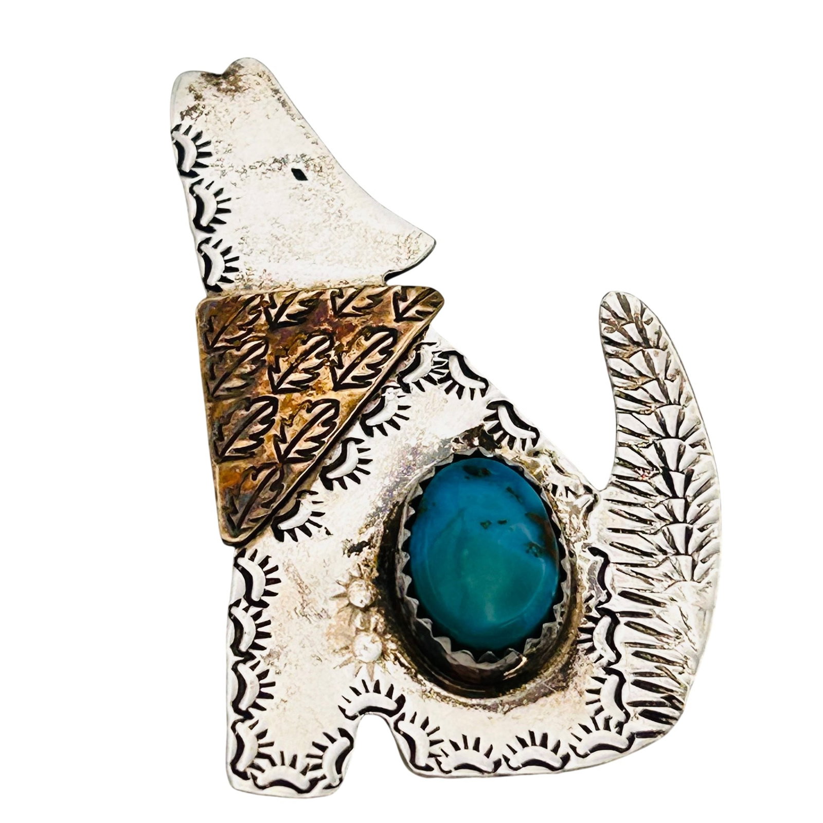 Signed Navajo Sterling Brass Accent Howling Dog Brooch (1 of 5)