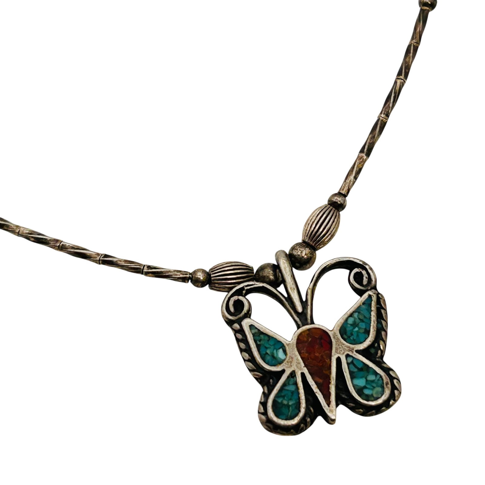 Southwest Sterling Butterfly Pendant Necklace: Southwest sterling Liquid Silver butterfly pendant necklace 6.6g —Crushed turquoise and coral