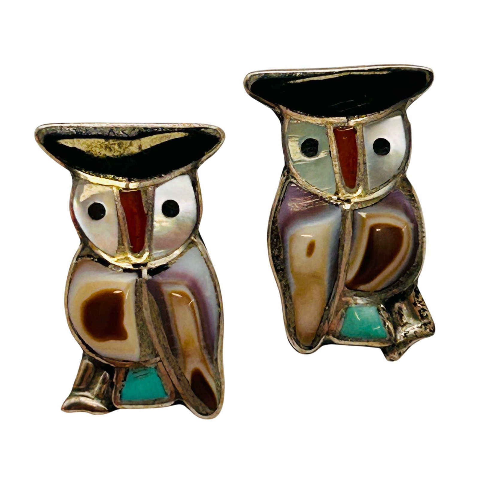 Vintage Zuni Sterling Inlay Stone Owl Earrings: Vintage Zuni sterling inlay stone owl earrings 2.5 g — Turquoise Mother of pearl coral