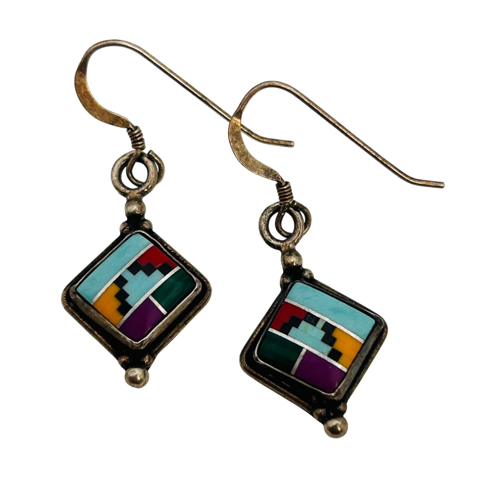Signed Southwest Sterling Inlay Multi-stone Earrings: Signed Southwest sterling inlay multi-stone earrings 3.3g — stones: coral turquoise malachite