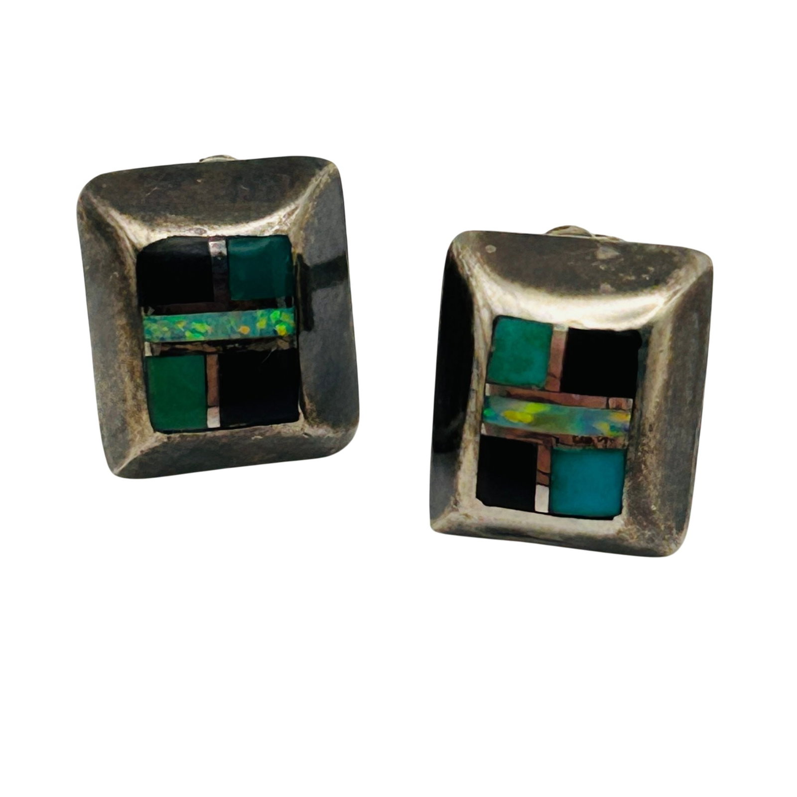 Southwest Sterling Inlay Multi-Stone Earrings: Southwest sterling inlay stone multi-earrings 2.5g — Malachite turquoise onyx opal