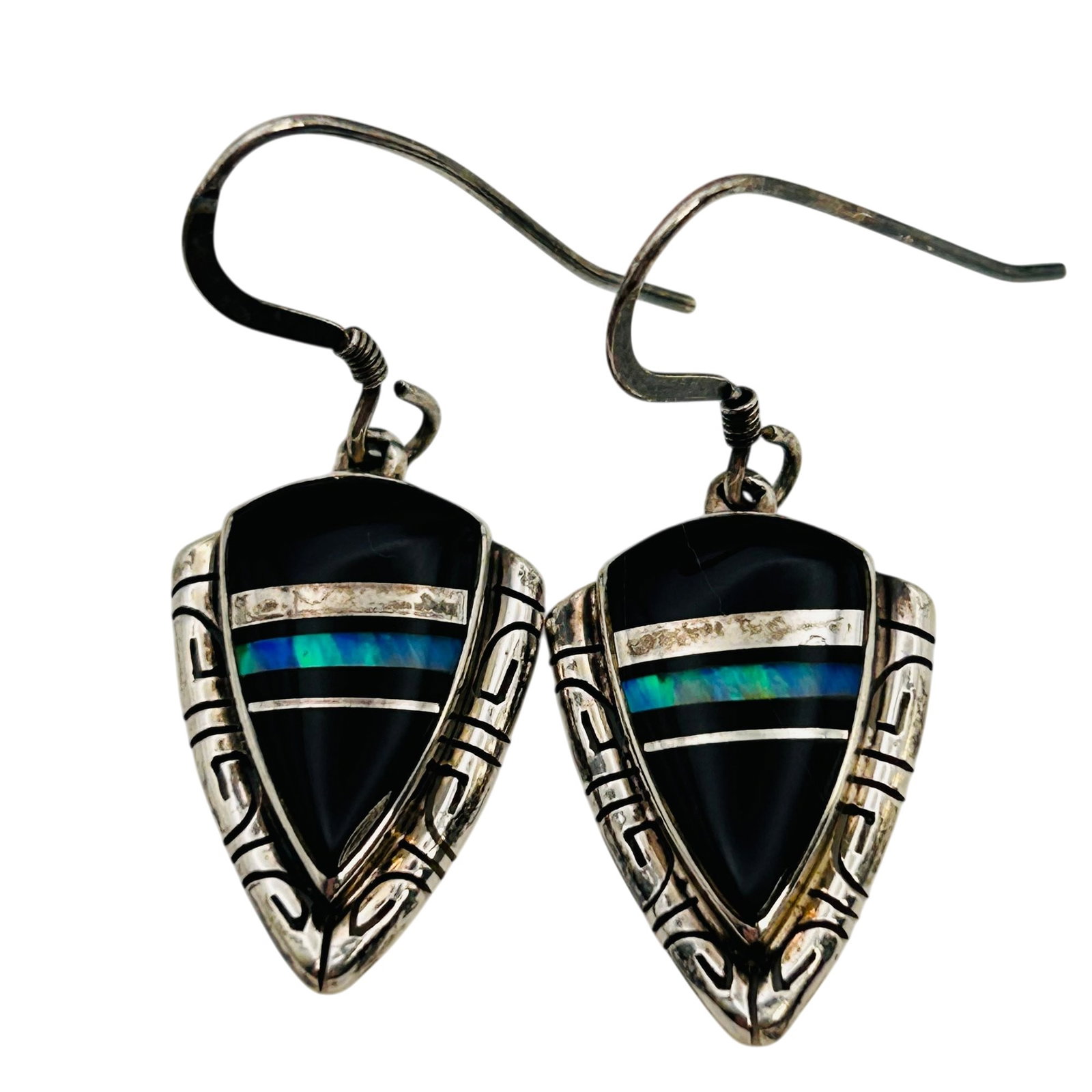 Southwest Sterling Inlay Opal And Onyx Earrings (1 of 6)