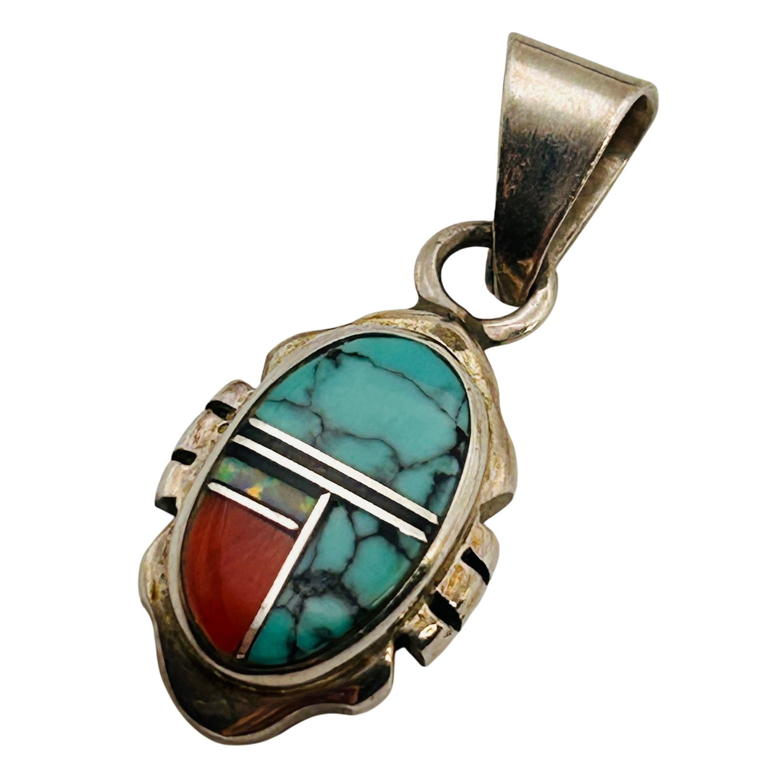 Ervin Hoskie Navajo Sterling Inlay Multi-Stone Pendant: Signed Ervin Hoskie Navajo sterling inlay multi-stone pendant 3.5g — Oval bezel set coral opal turquoise and onyx