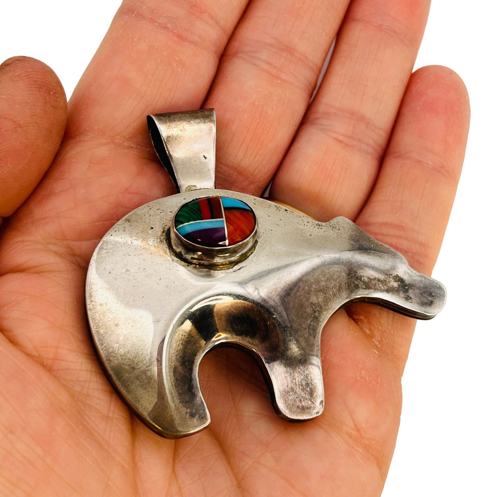 Signed Navajo Sterling Puffy Bear Multi-Stone Pendant: Signed C Navajo sterling bear inlay stone pendant 14.9g — puffy spirit bear oval inlay coral turquoise malachite