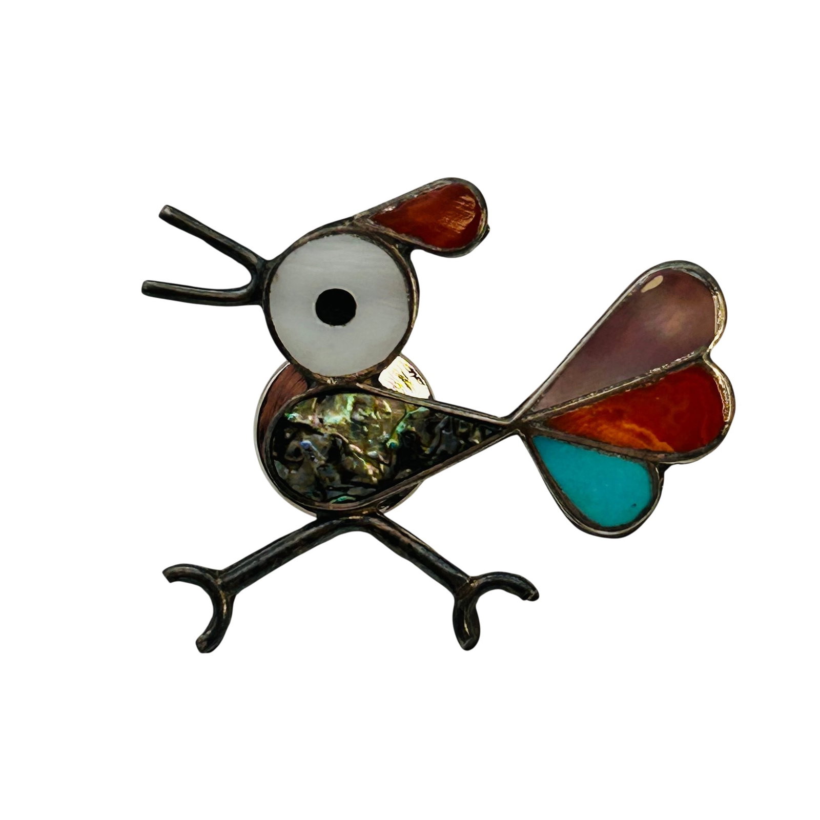Zuni Sterling Inlay Stone Roadrunner Pin (1 of 5)