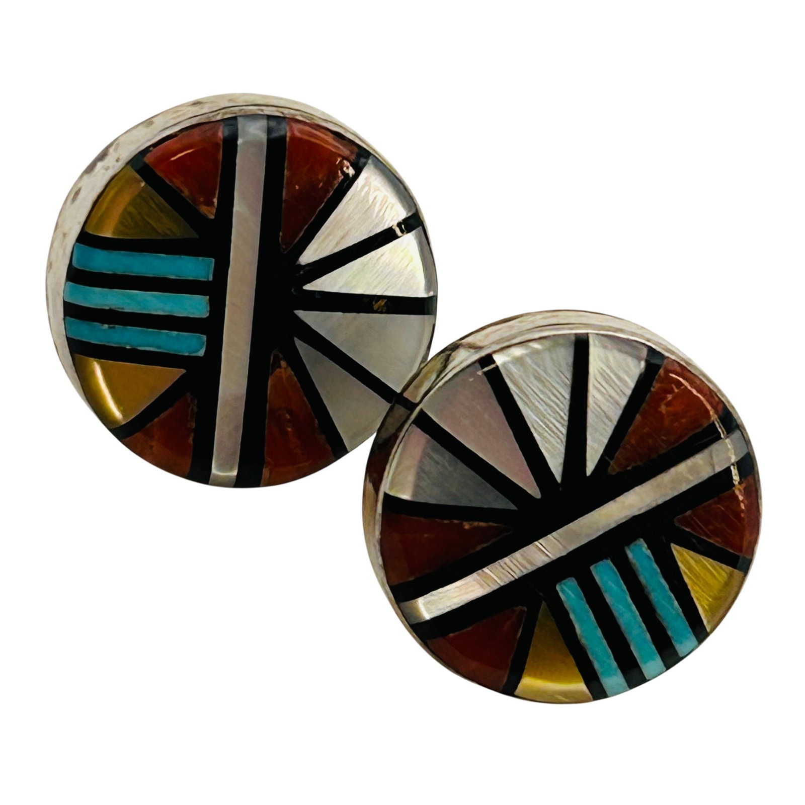Zuni Sterling Inlay Mulit-Stone Earrings: Zuni sterling inlay stone earrings 3g —Turquoise mother of pearl coral push back earrings