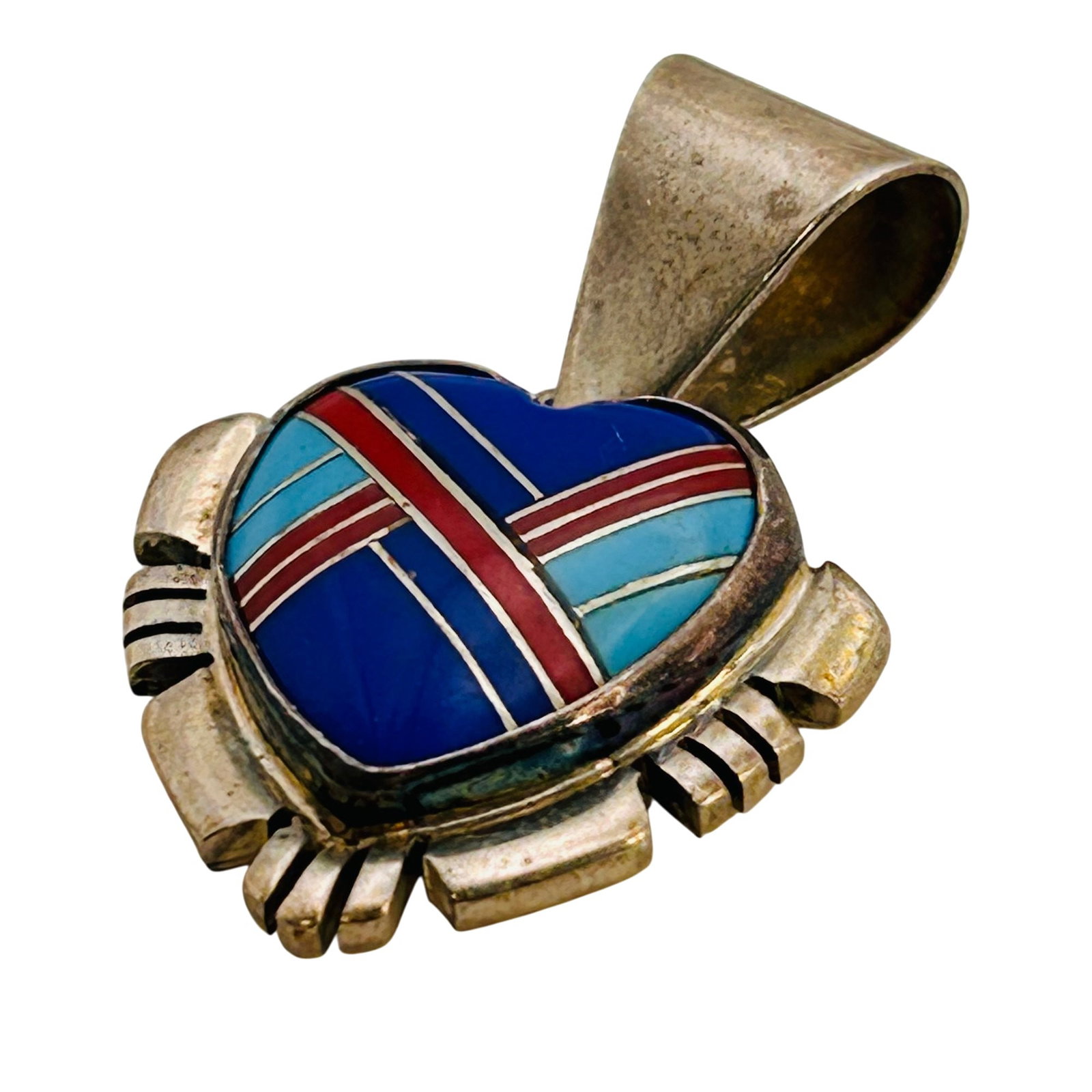 Signed Native Sterling Inlay Stone Heart Pendant: signed ORS Native sterling inlay stone heart pendant 4.2g — lapis coral turquoise