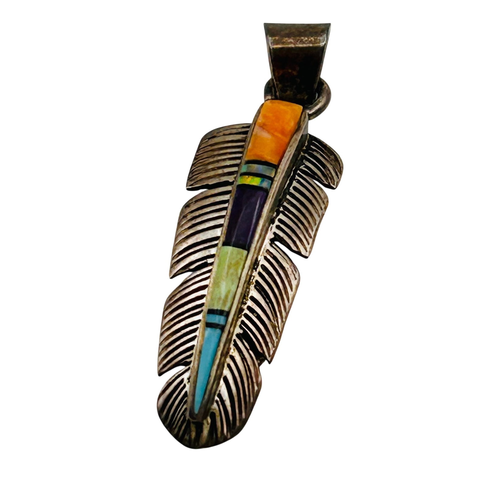 Southwest Sterling Feather Inlay Multi-Stone Pendant (1 of 5)