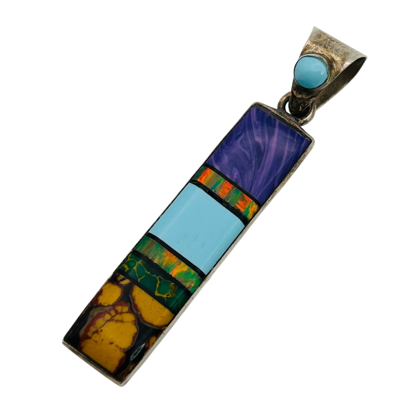 Signed Sterling Multi-stone Pendant: signed MG Sterling multi-stone pendant 3.3g — Tiger’s eye Malachite turquoise opal charoite