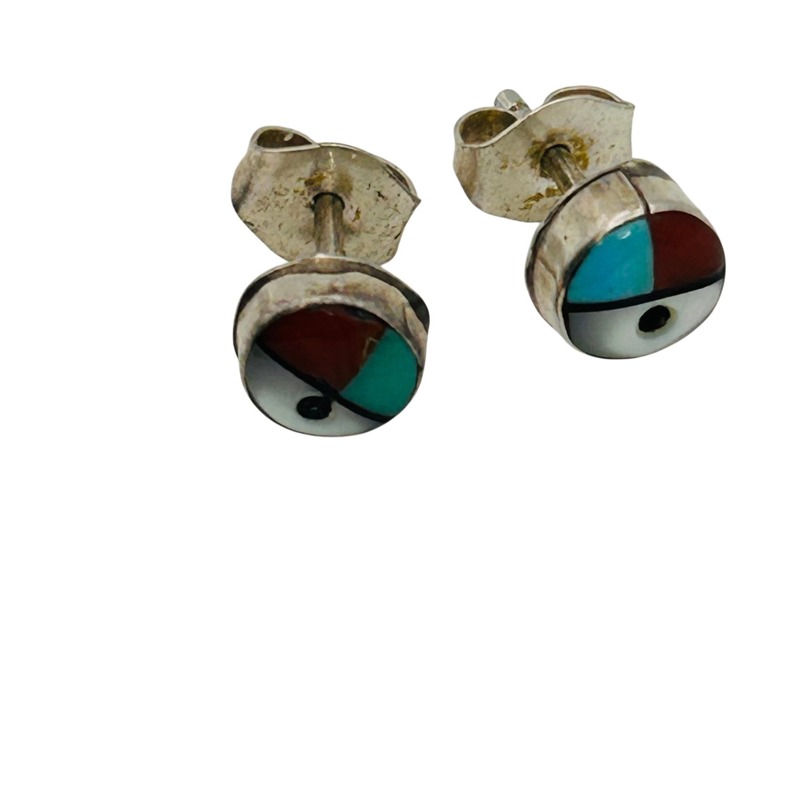 Native Sterling Sunface Inlay Stone Earrings: Native sterling sunface inlay stone earrings .7g —Turquoise coral Mother of Pearl