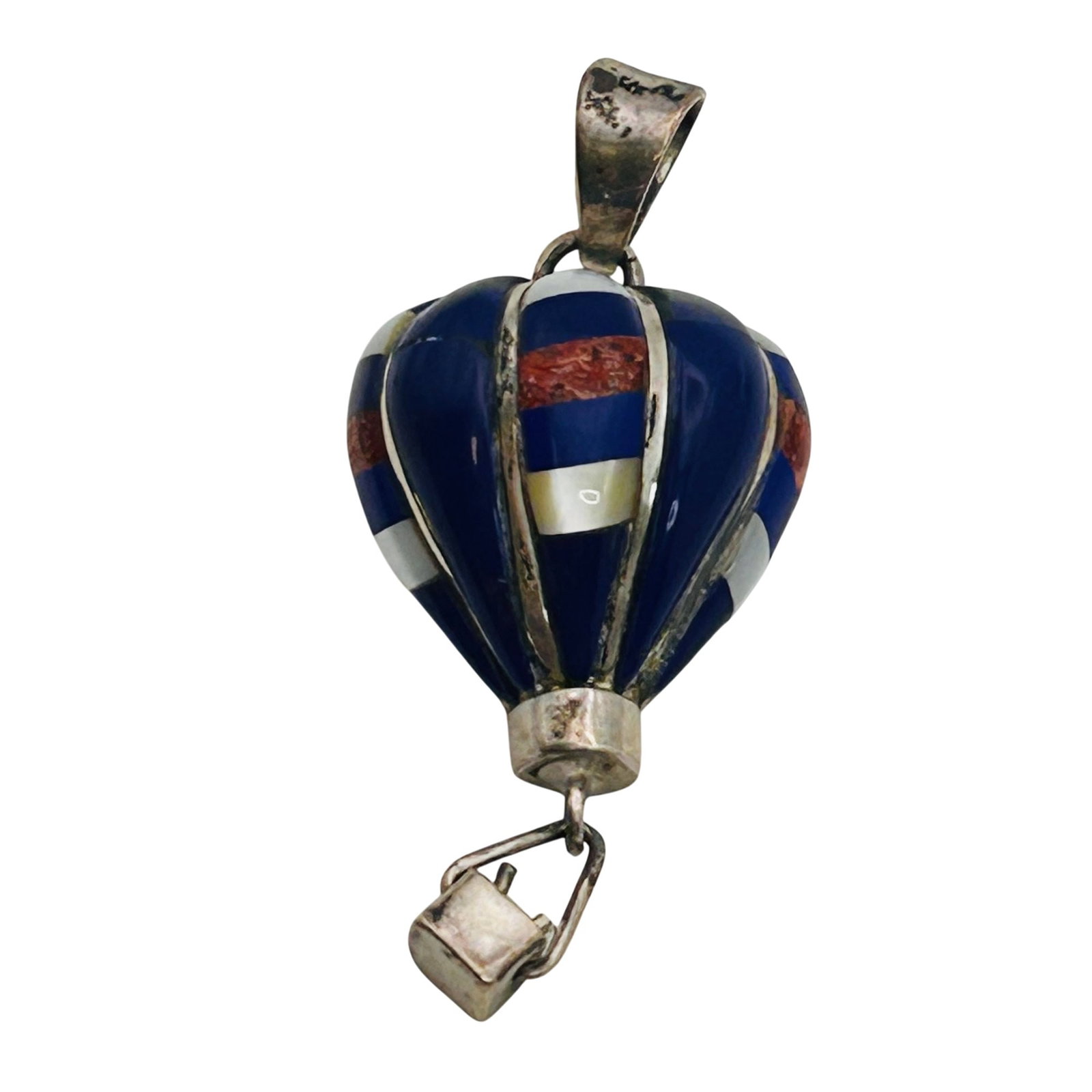 Reynesta Leland Zuni Sterling Air Balloon Pendant: Reynesta Leland Zuni sterling hot air balloon pendant 8g — Inlay stone Lapis Lazuli Mother of Pearl Coral raised rounded pendant with flat back