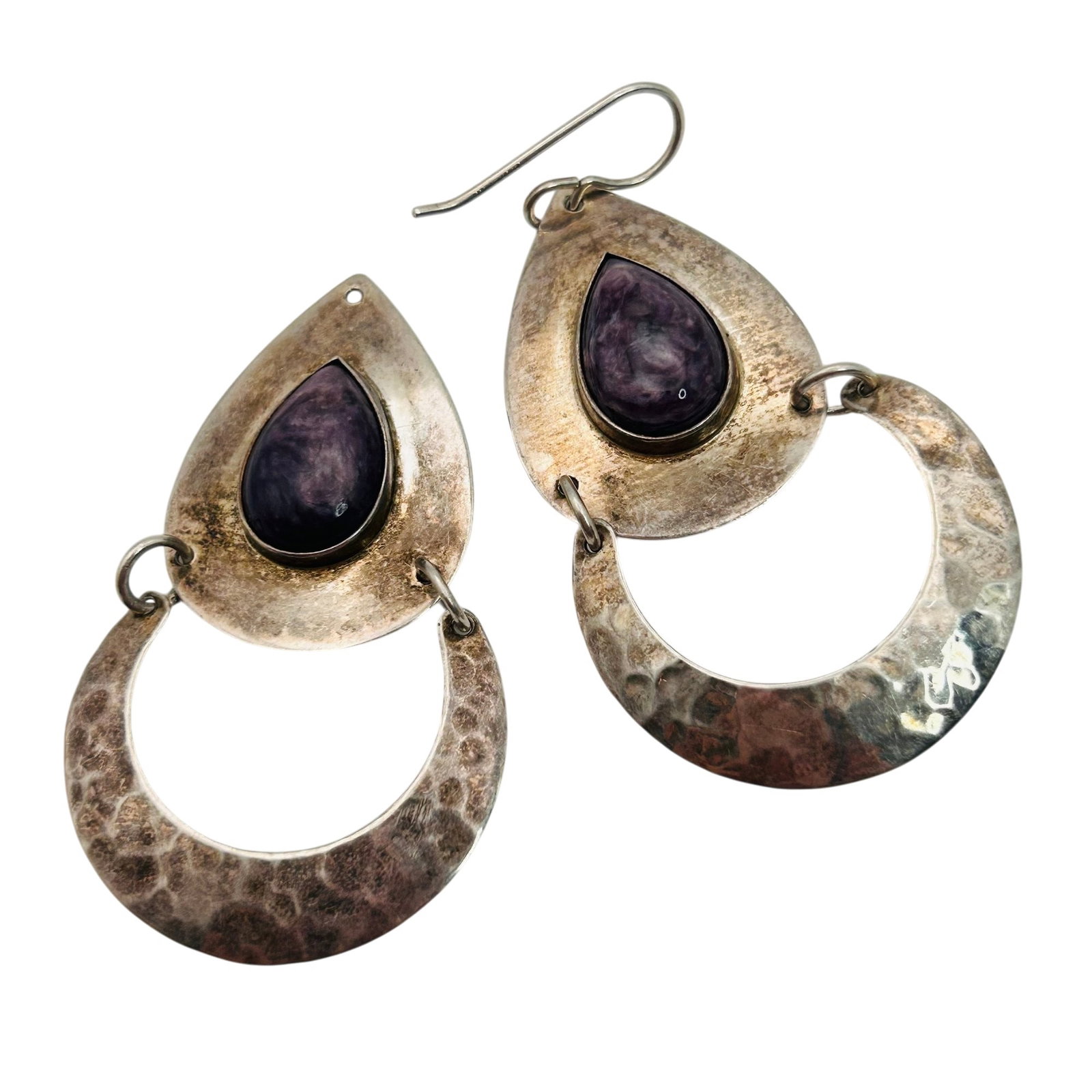 Southwest Sterling Charoite Stone Earrings: Southwest sterling charoite stone earrings 8.8g — Missing one hook see pictures sold as is