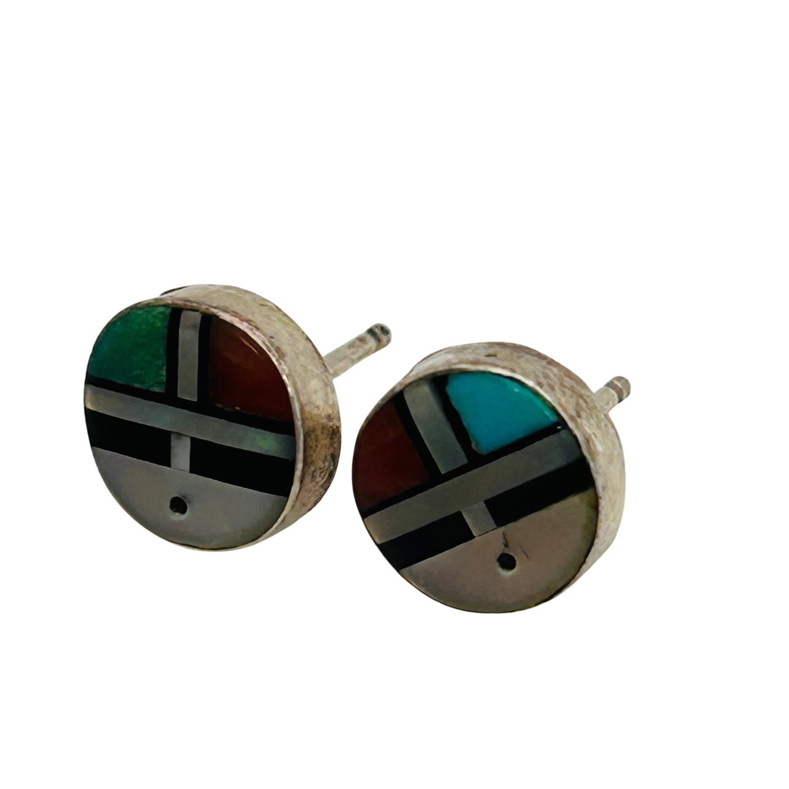 Signed Zuni Sterling Sunface Earrings: Signed JRC Zuni sterling sunface earrings 1.4g —Push back inlay turquoise mother of pearl coral earrings