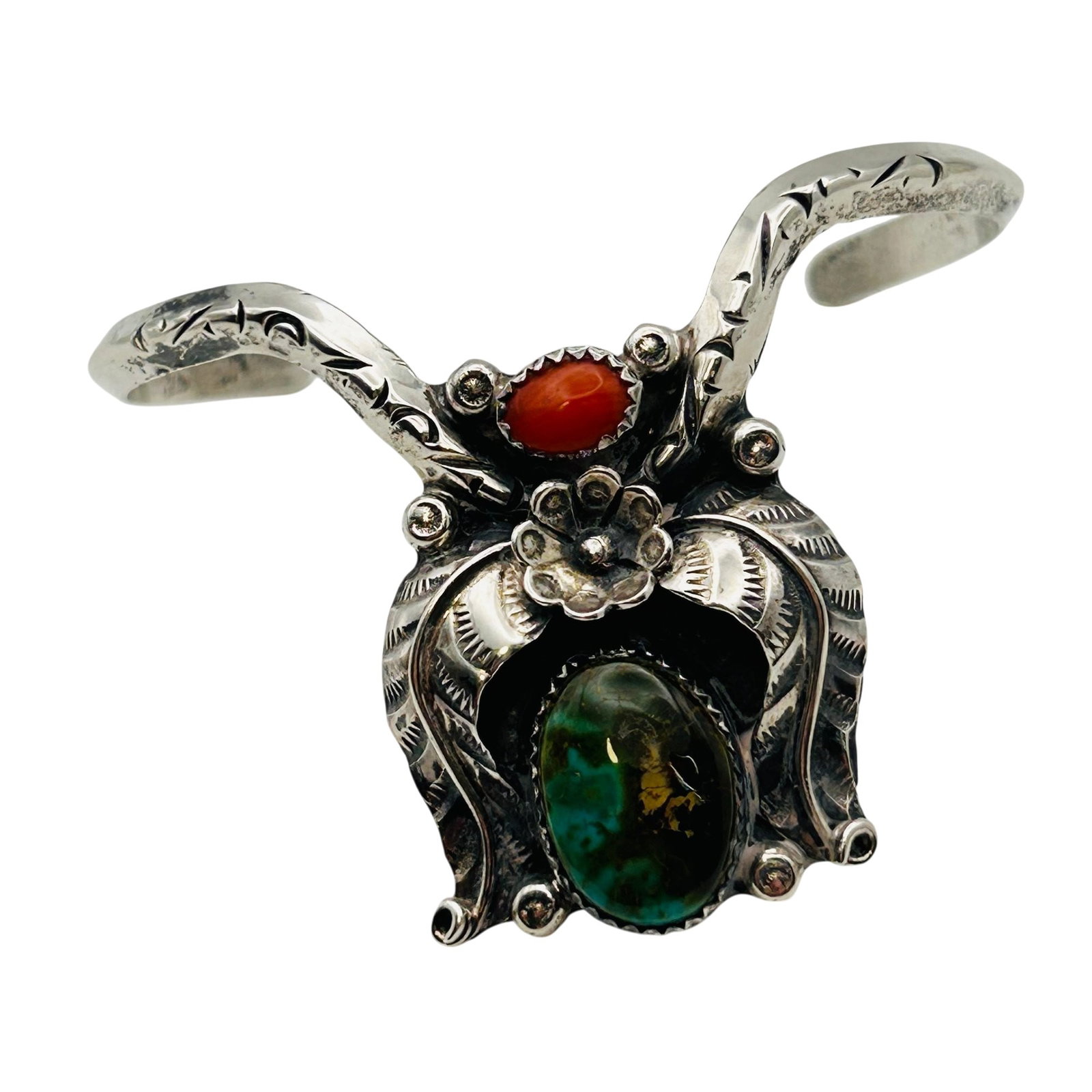 Navajo Sterling Turquoise Coral Cuff Bracelet: Navajo sterling cuff bracelet 20.4g — Turquoise and coral cabochon feather and flower motif |6.5” inner circumference including 1.5” gap