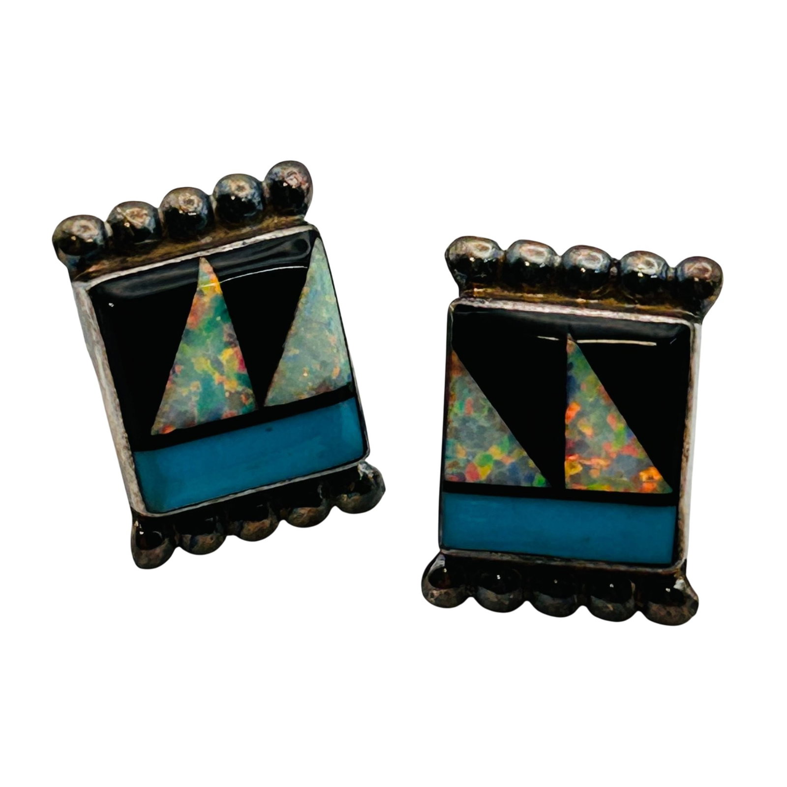 Vintage Zuni Sterling Inlay Mulit-Stone Earrings: Vintage Zuni sterling Inlay stone earrings 2g— Turquoise onyx opal