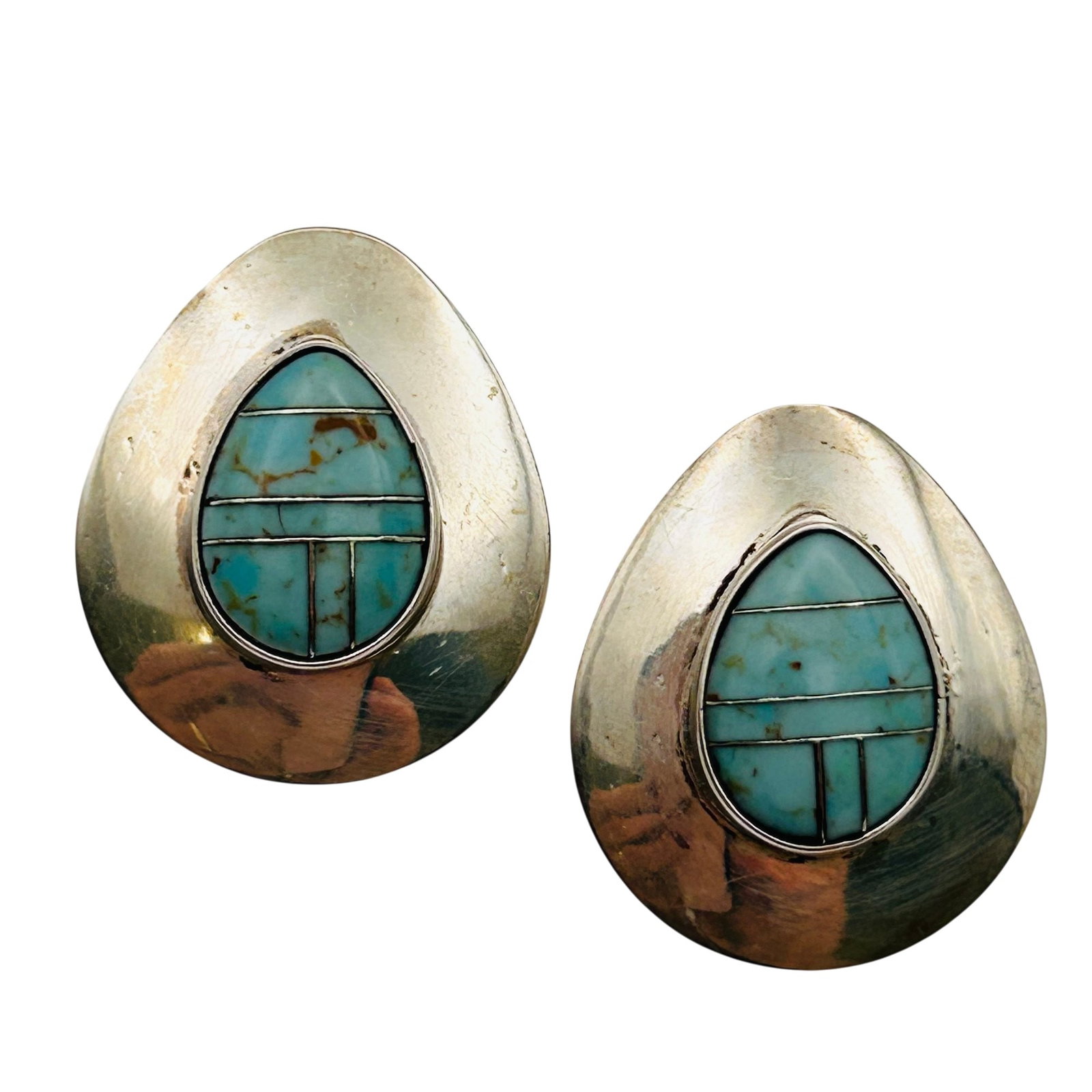 Signed Navajo Sterling Inlay Turquoise Earring: Signed D Navajo sterling inlay stone earring 8.2g— Artist hand signed
