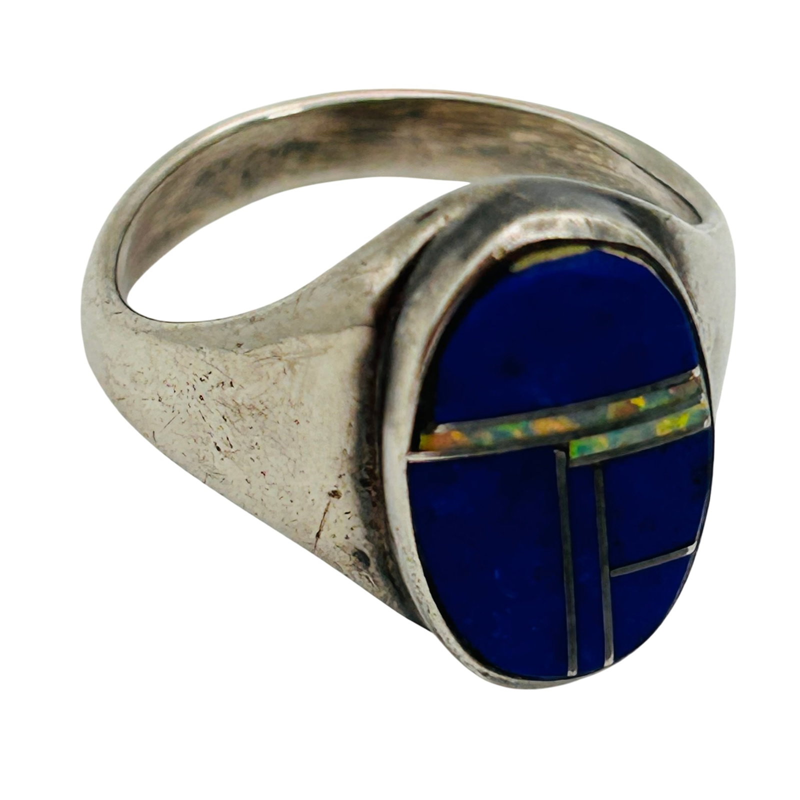 Native Sterling Inlay Opal Lapis Lazuli Ring Sz 6: Native sterling inlay stone ring sz 6 6.2g —Opal and lapis lazuli