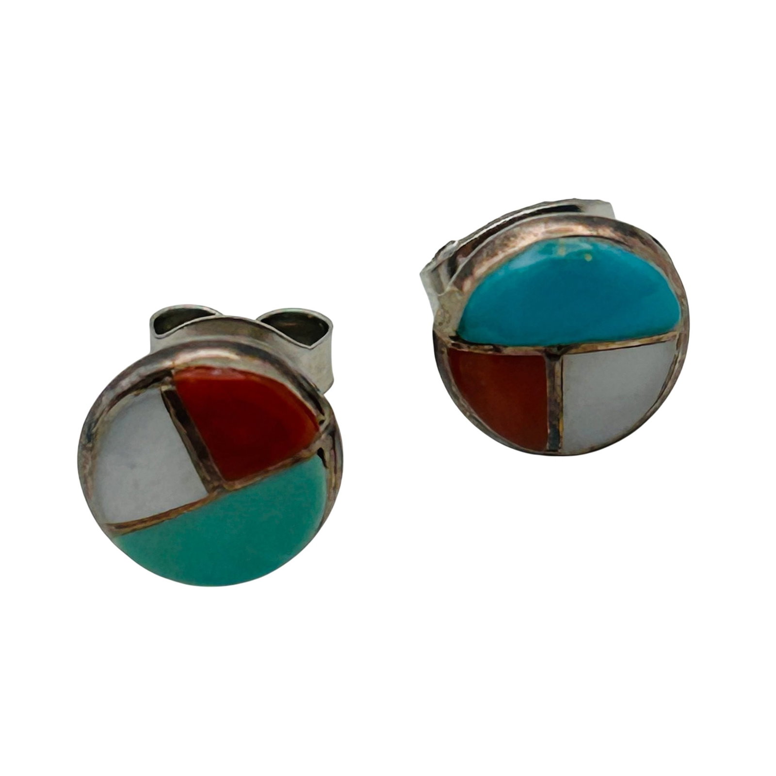 Native Sterling Inlay Stone Earrings: native sterling inlay stone earrings 1.3g —Turq coral mother of pearl