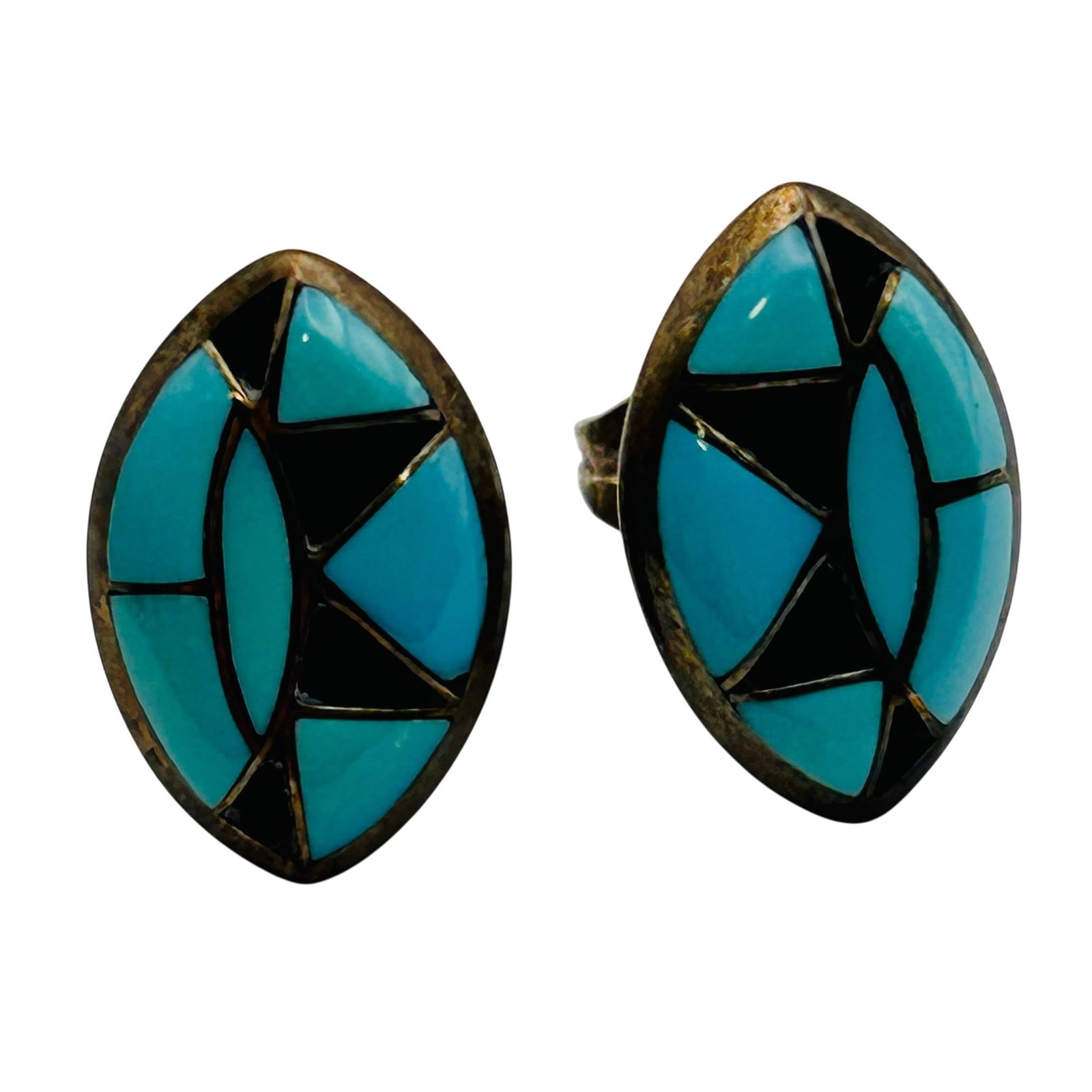 Native Sterling Inlay Turquoise Onyx Earrings: Native sterling inlay stone earrings 2g — Turquoise and onyx