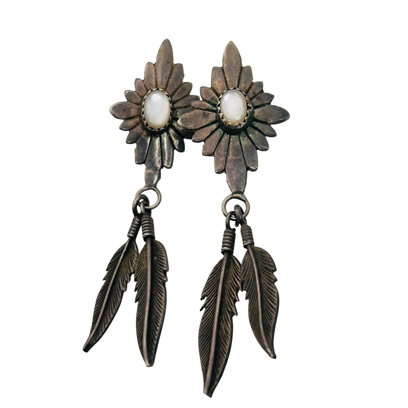 Southwest Sterling Mother Of Pearl Earrings: Southwest sterling mother of pearl earrings 9.4g —Pushback dangle feather earrings