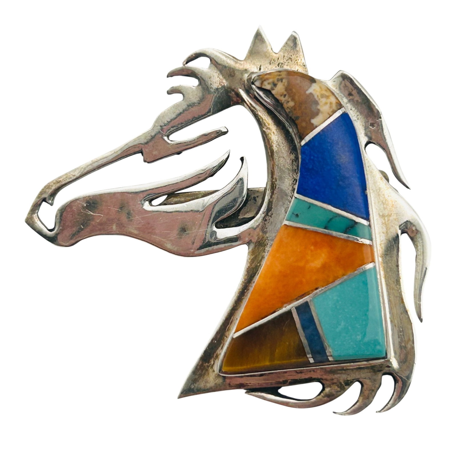 Jon Peters Navajo Sterling Inlay Stone Horse Brooch: Jon Peters Navajo sterling inlay stone horse brooch 9.6g — coral turquoise lapis lazuli jasper