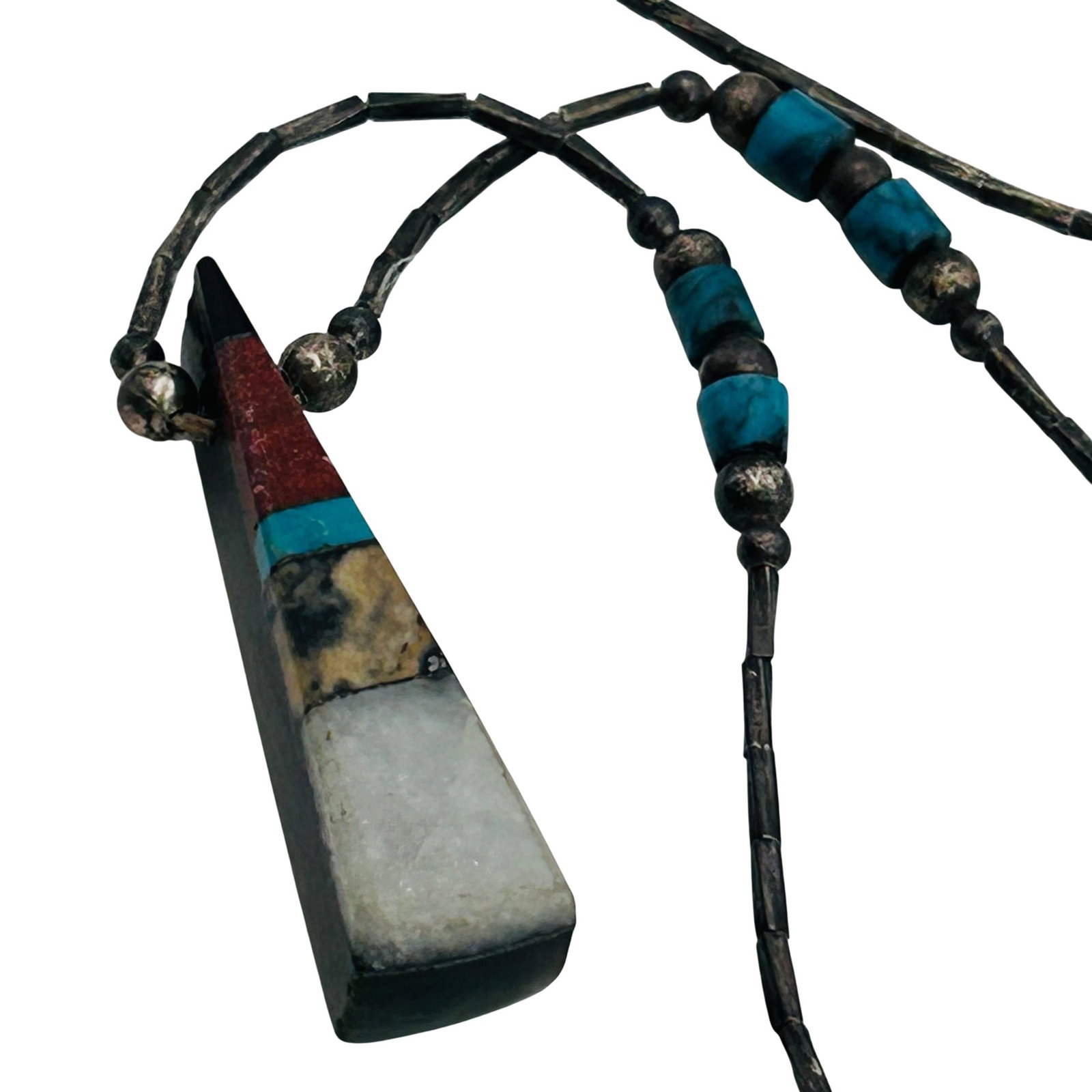 Vintage Southwest Inlay Stone Liquid Silver Necklace: Southwest inlay stone liquid silver necklace 6.2g — triangular stone pendant jasper coral turq mother of pearl