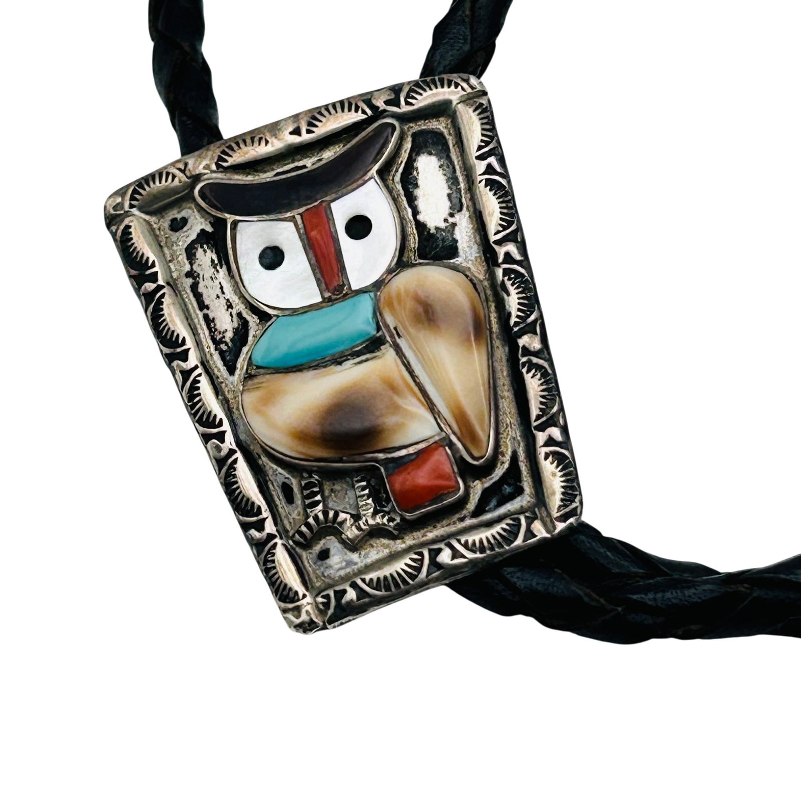 Signed Navajo Sterling Inlay Multi-Stone Owl Bolo Tie (1 of 10)