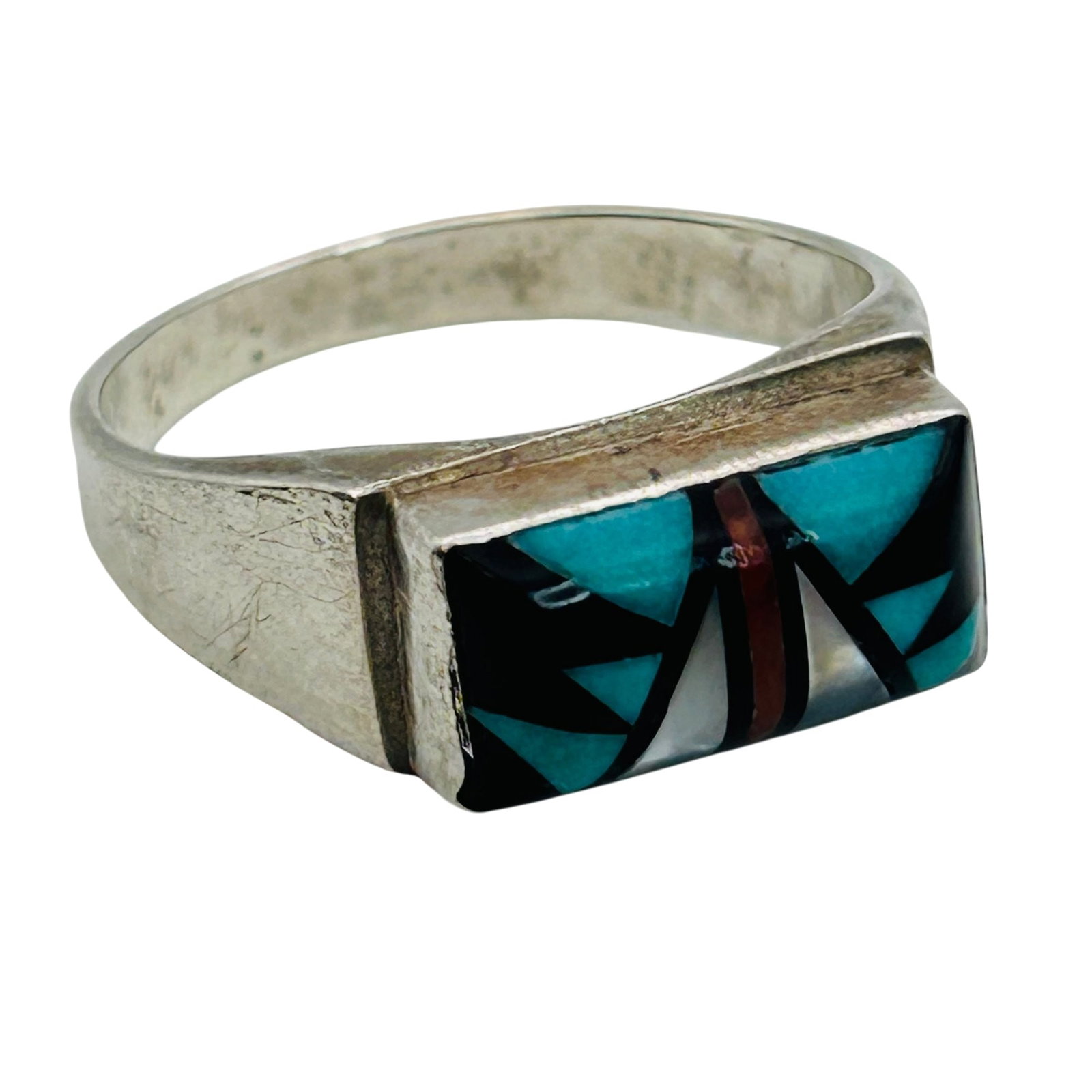 Sam Begay Navajo Multistone Inlay Ring Sz 12.5: Sam Begay Navajo Multistone Inlay Ring Sz 12.5 7.1g —Turquoise mother of pearl onyx coral