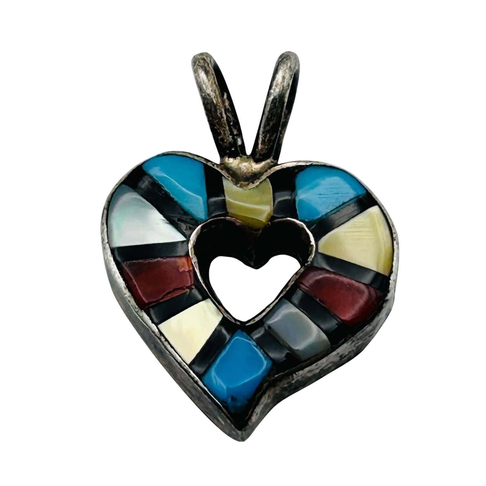 Zuni Sterling Inlay Stone Heart Pendant: Zuni Sterling Inlay Stone Heart Pendant 1.7g — Turquoise coral mother of pearl onyx