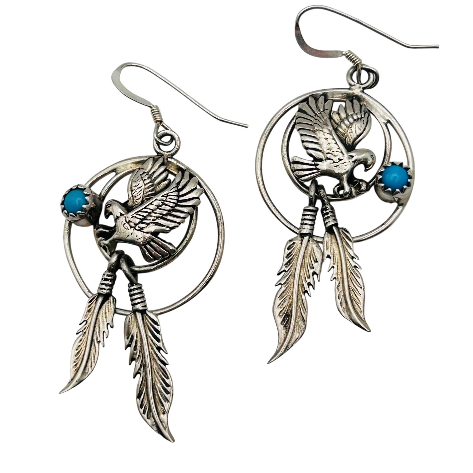 Southwest Sterling Eagle Earrings: Southwest Sterling Eagle Earrings 6.8g — turquoise hookback dangle