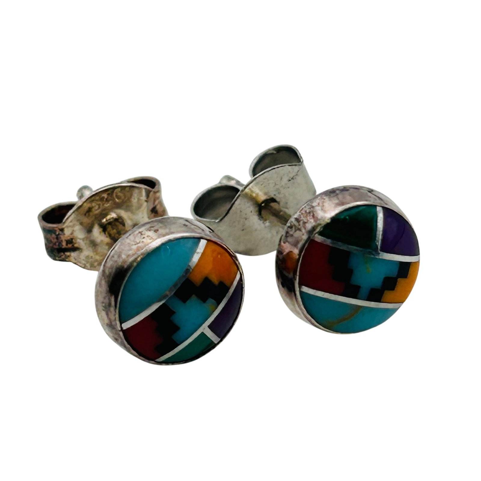 Southwest Sterling Inlay Multi-Stone Earrings: Southwest Sterling Inlay Stone Earrings .9g