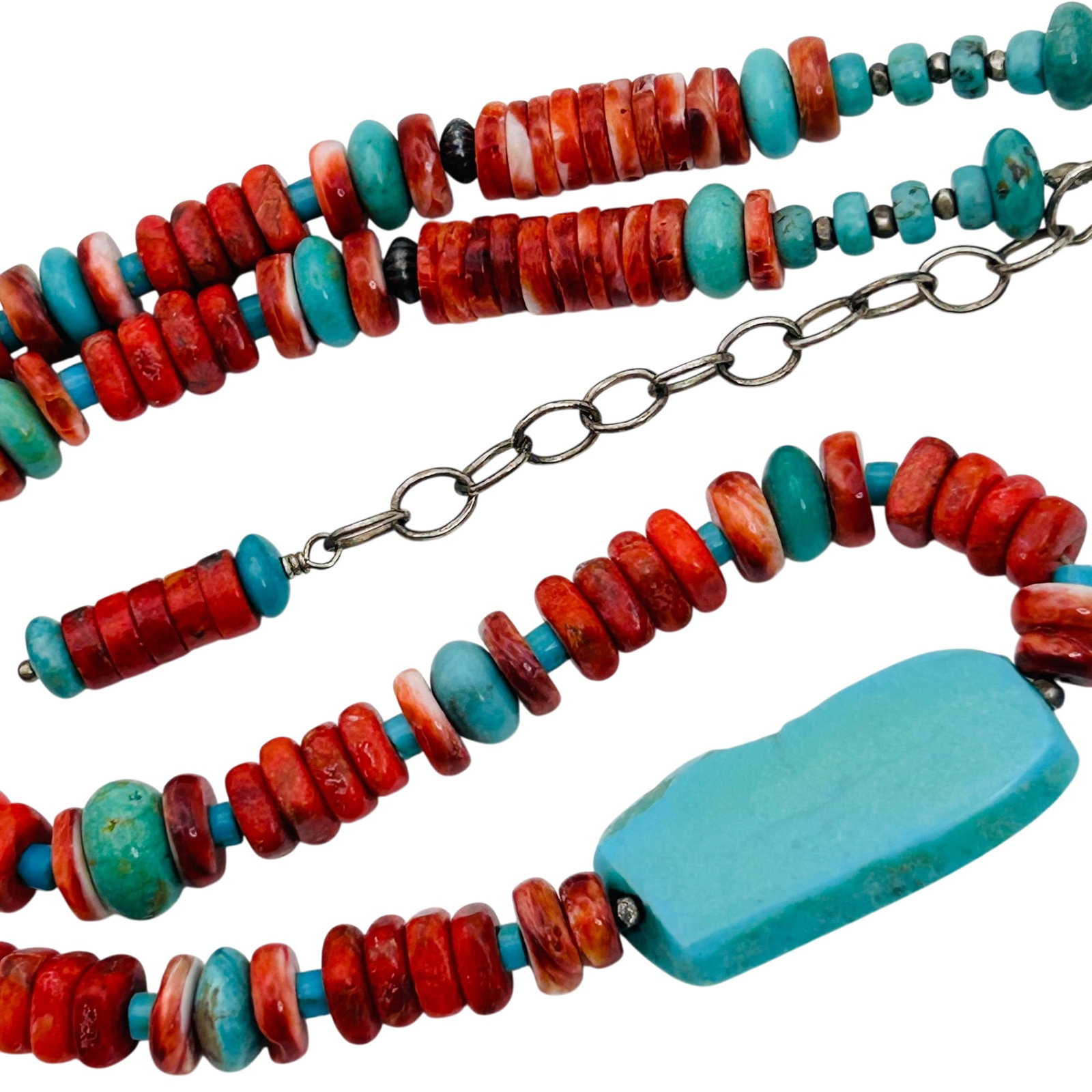 Southwest Sterling Turquoise And Coral Bead Necklace: Southwest Sterling Turquoise And Coral Bead Necklace 31.5g