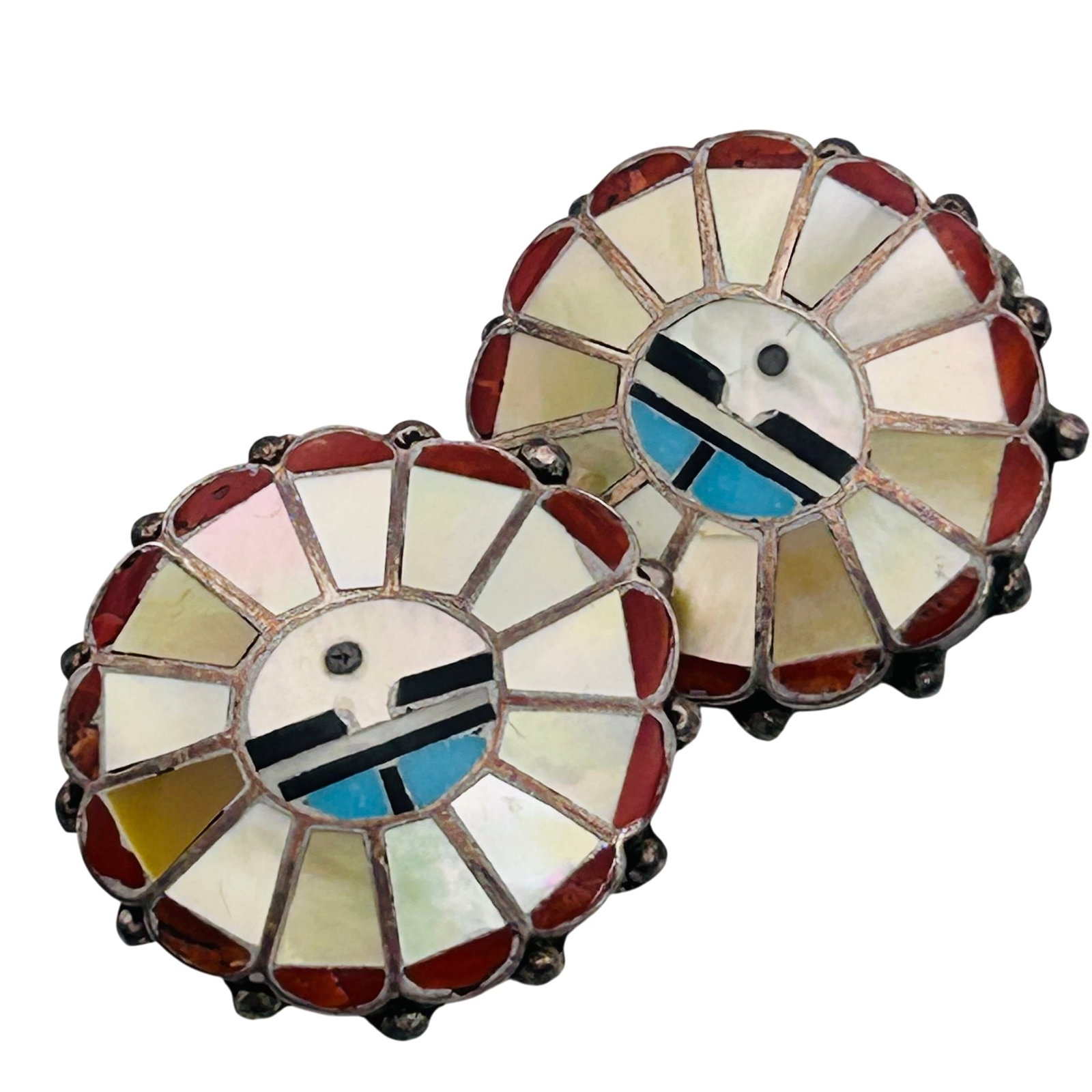 Signed Vintage Zuni Inlay Clip On Earrings: Signed Vintage Zuni Clip On Earrings 6.9g — Artist signed LAS? Sunface and flower mother of pearl turquoise coral onyx