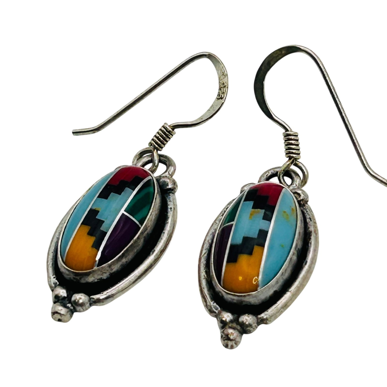 Southwest Sterling Inlay Stone Earrings: Southwest Sterling Inlay Stone Earrings 4.4g — Turquoise coral onyx malachite etc