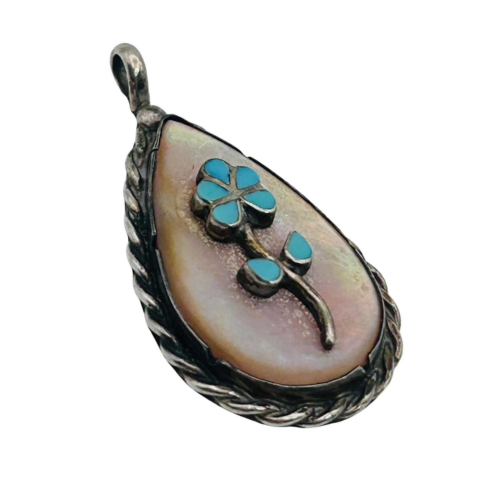 Signed Zuni Sterling Turquoise Flower Pendant (1 of 7)