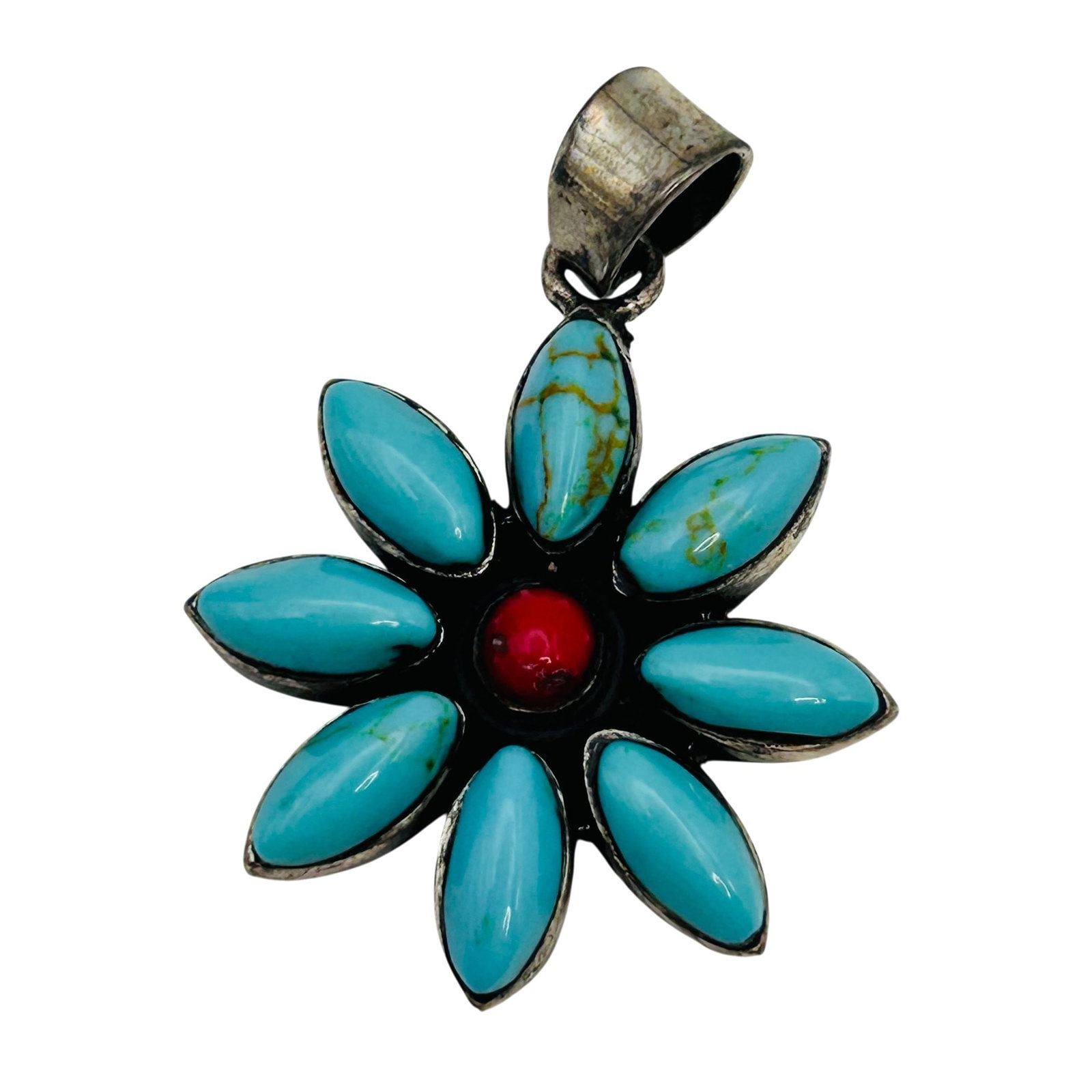Southwest Sterling Turquoise Coral Flower Pendant: Southwest Sterling Turquoise Coral Flower Pendant 5.2g