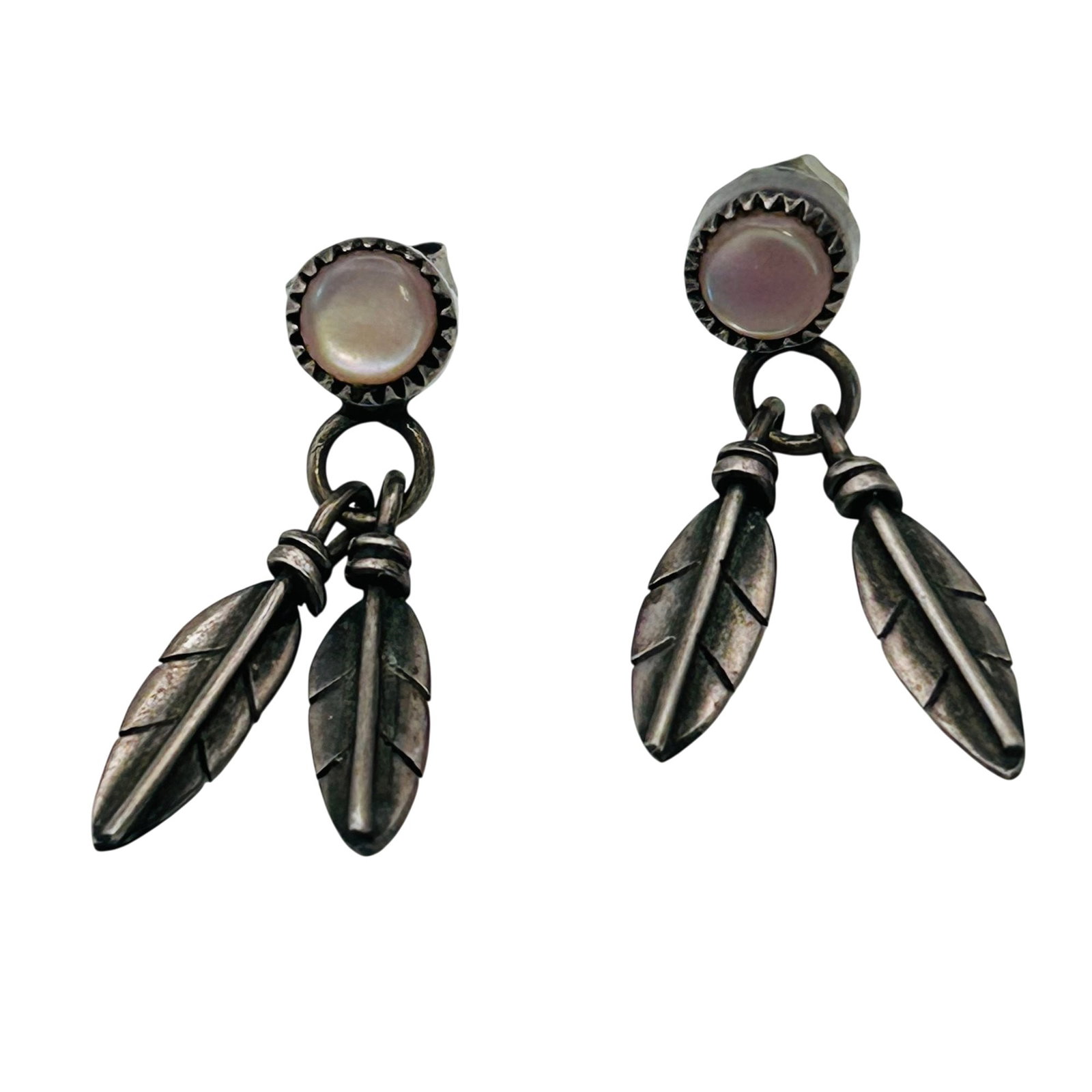 Southwest Sterling Mother Of Pearl Earrings: Southwest Sterling Mother Of Pearl Earrings 2.7g— Feather motif dangle pushback earrings
