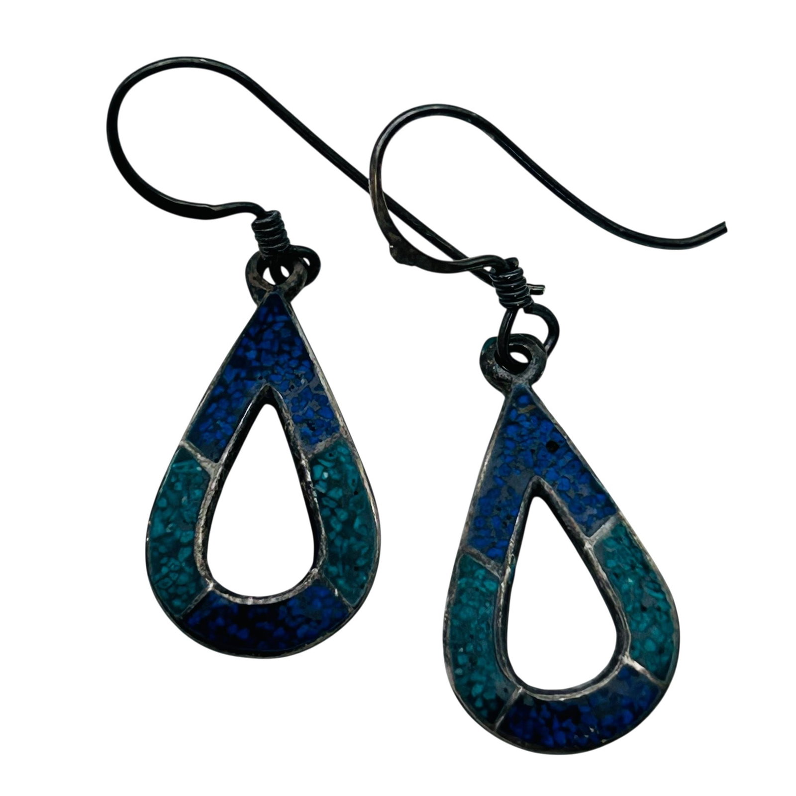 Signed Mexico Crushed Stone Cutout Earrings: Signed RSB Mexico Crushed Stone Cutout Earrings 1.7g — Crushed turquoise and Lapis lazuli