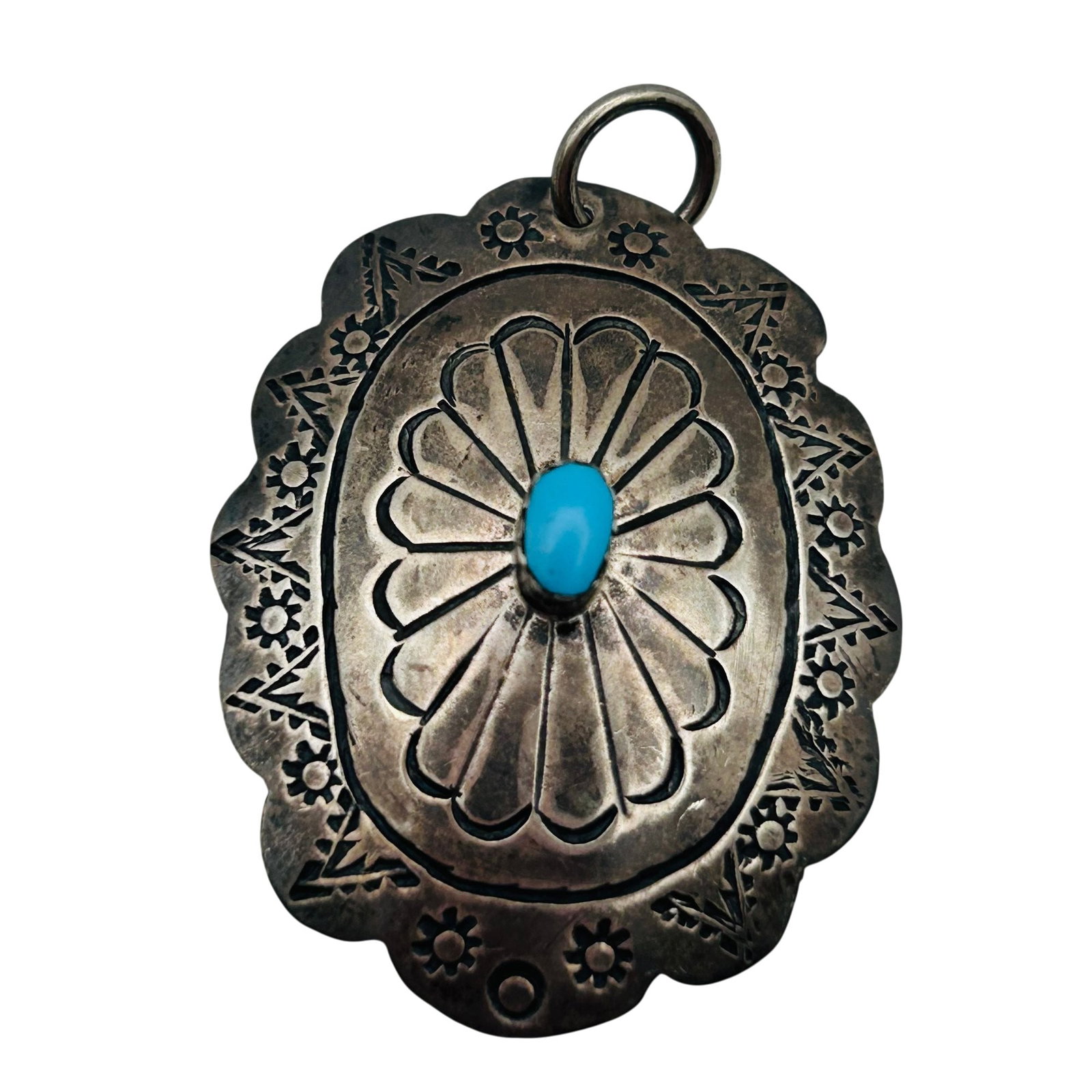 Vintage Native Sterling Turquoise Pendant: Vintage Native Sterling Turquoise Pendant 4.6g | stamped and scalloped