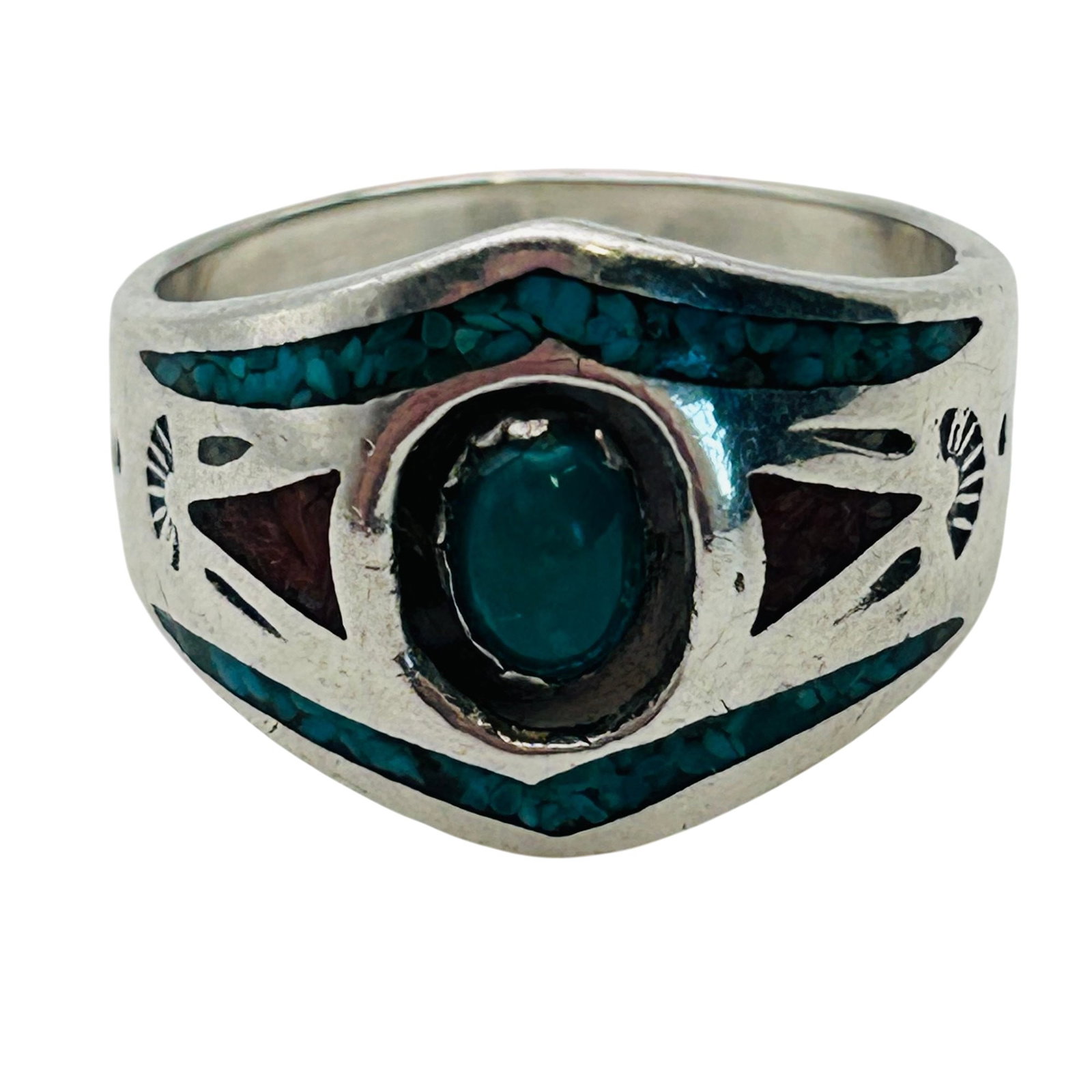 Signed Native Sterling Crushed Stone Ring Sz 7: Signed Native Sterling Crushed Stone Ring Sz 7 5.1g | Crushed turquoise and coral | green center stone | stamped