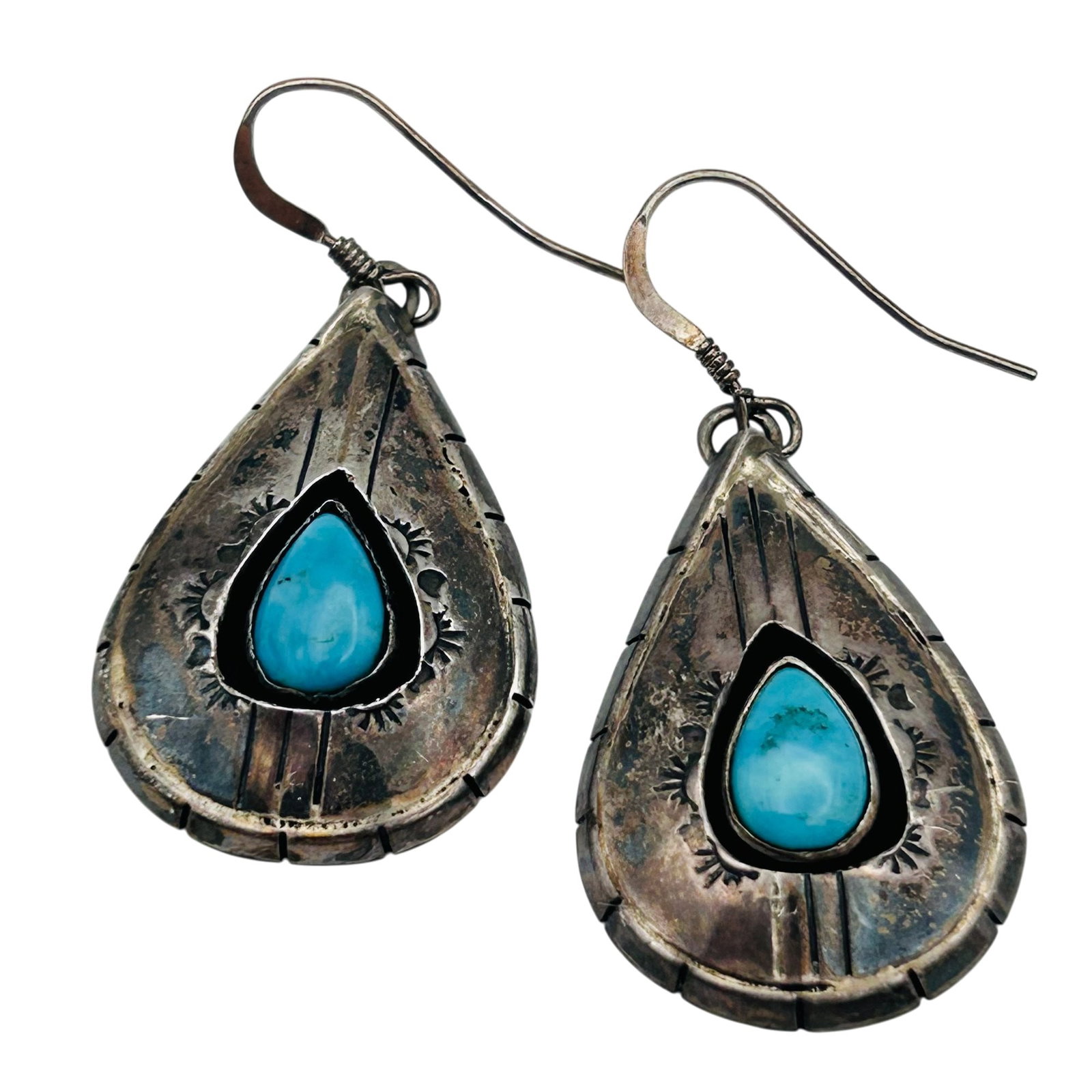 Signed Native Sterling Turquoise Teardrop Earrings (1 of 6)