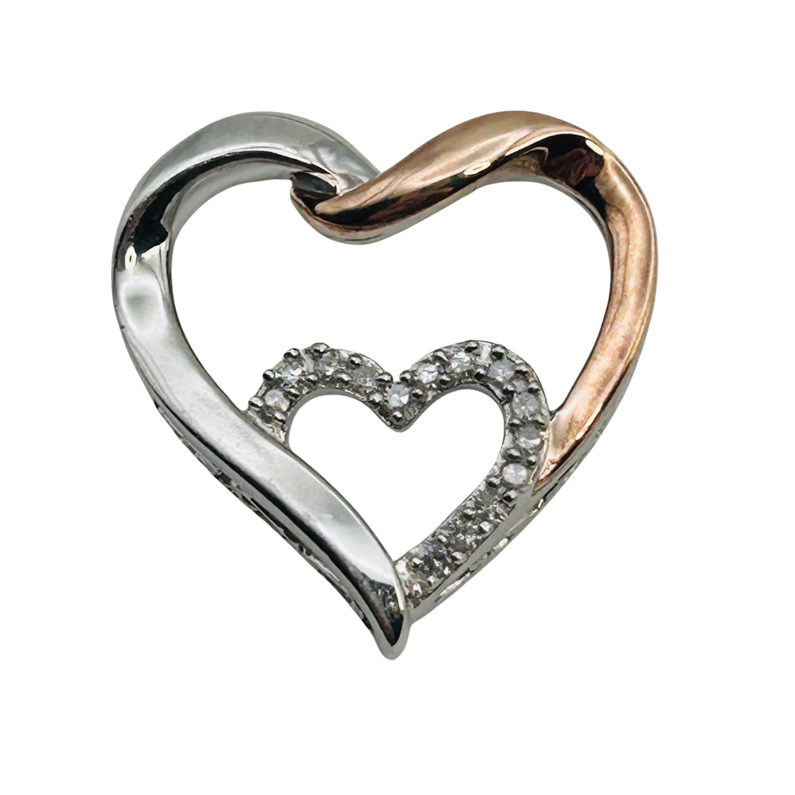 Sterling And 14k Diamond Double Heart Pendant: Sterling and 14k Diamond Double Heart Pendant 2.8g