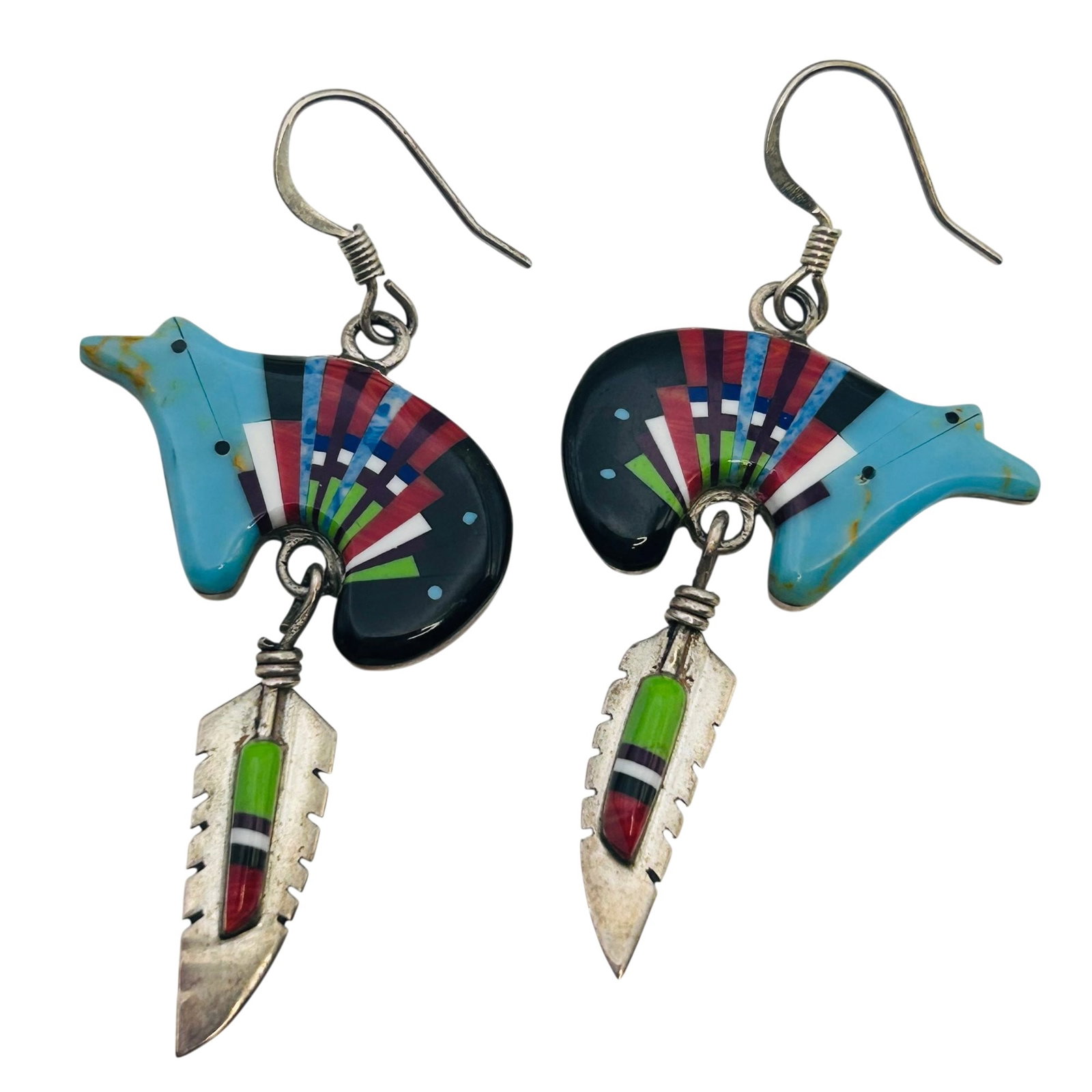 Southwest Sterling Inlay Mosaic Feather Bear Earrings: Southwest Sterling Inlay Mosaic Feather Bear Earrings 5.4g